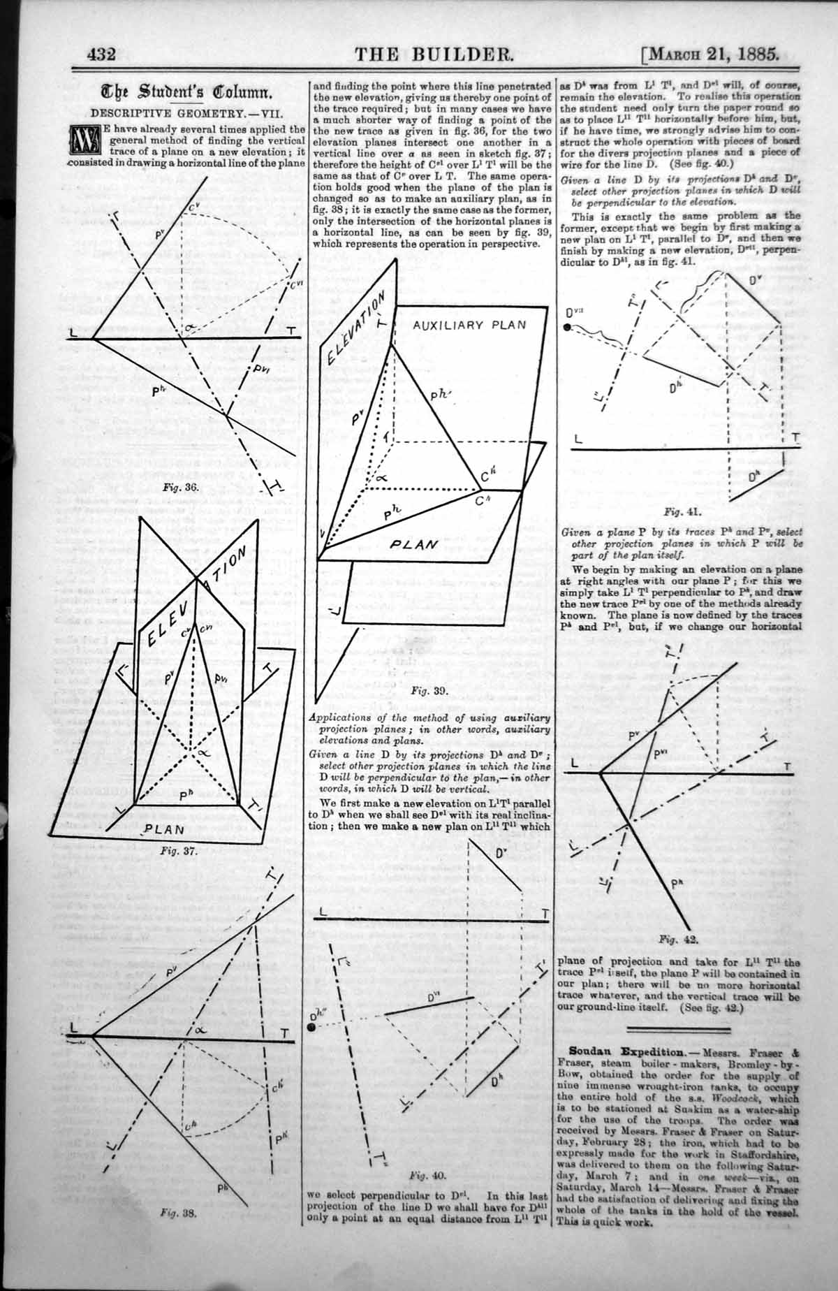 Antique Old Print Descriptive Geometry Elevation Auxiliary Plan Figures 1885