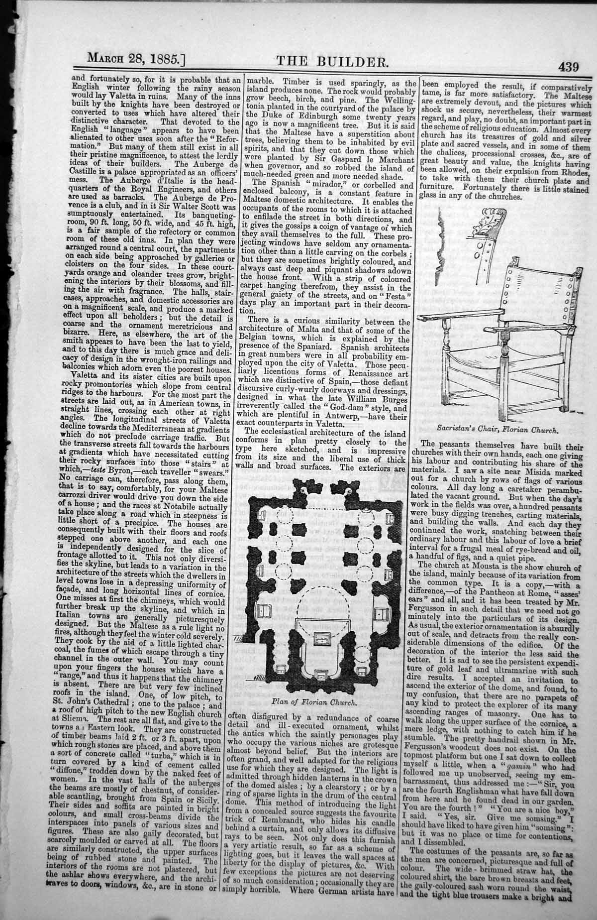 Original Old Antique Print Plan Florian Church Sacristan'S Chair 1885 Victorian