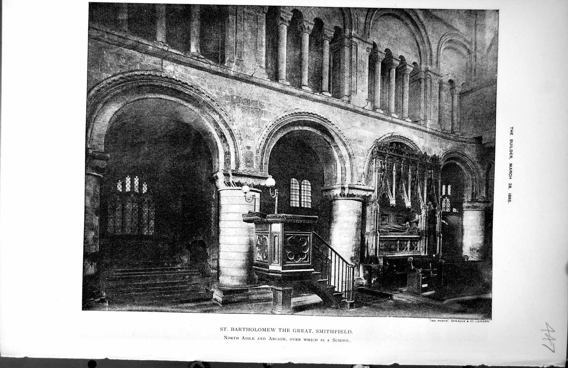 Antique Print St. Bartholemew The Great Smithfield North Aisle Arcade 1885 19th