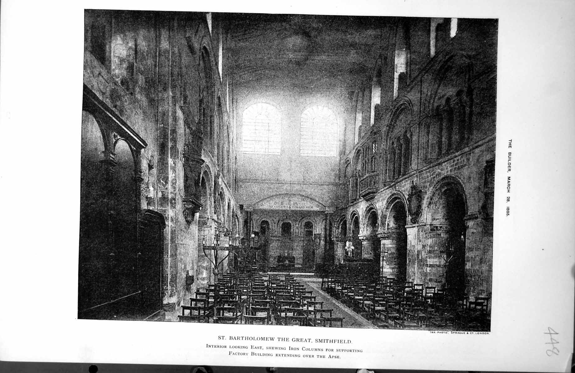 Old Print St. Bartholemew The Great Smithfield Interior Looking East 1885 19th