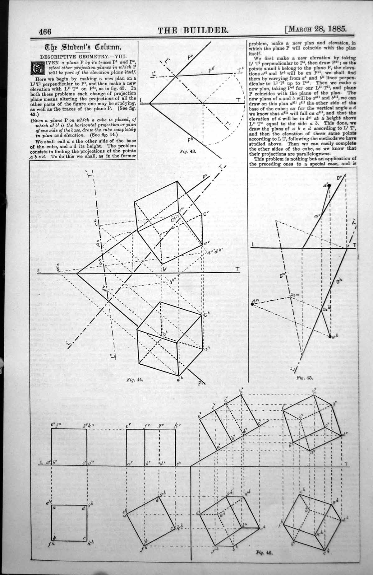 Antique Print Descriptive Geometry Planes Projections Elevations Plans 1885
