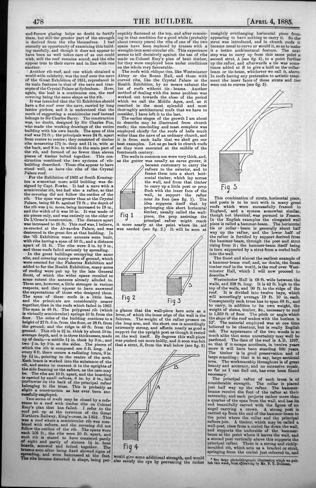 Antique Print Four Figures Cross-Section RoWall Construction Churches 1885 19th