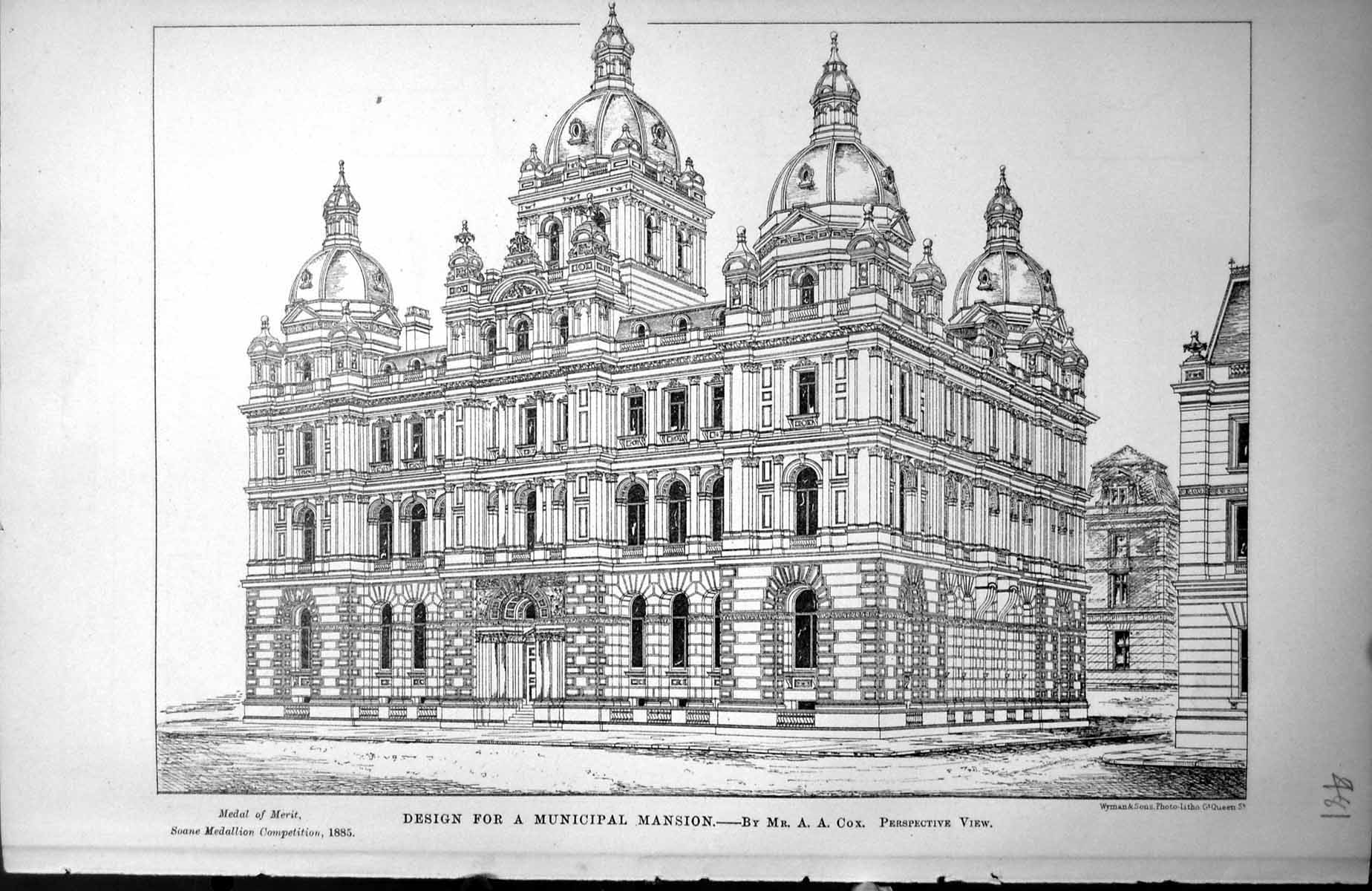 Antique Old Print Design For Municipal Mansion Aa Cox Perspective View 1885