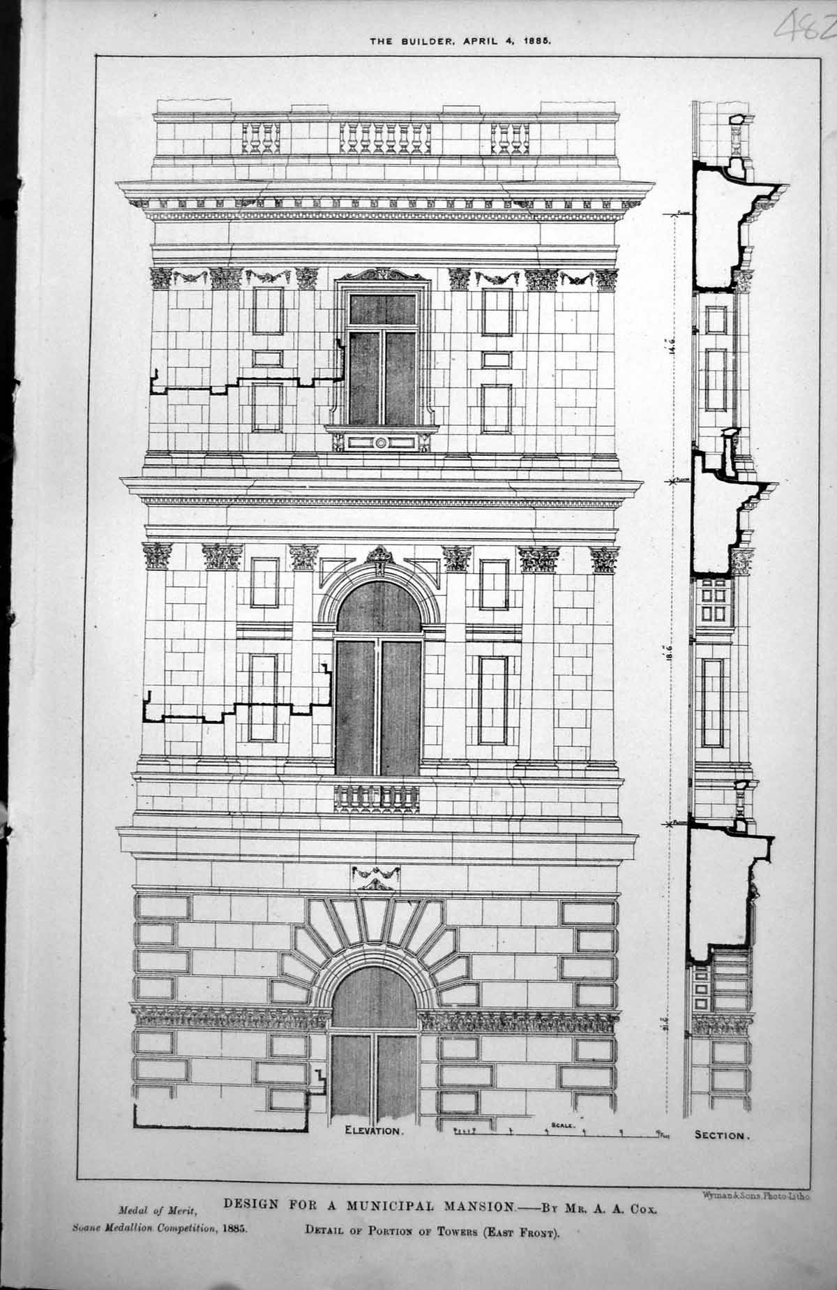 Old Print Design For Municipal Mansion Aa Cox Detail Portion Towers 1885 19th