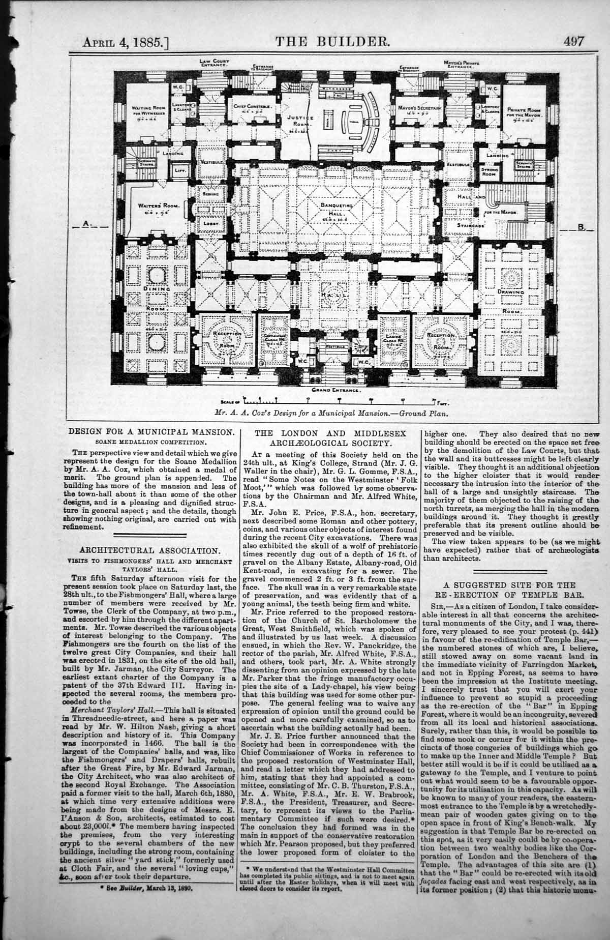 Antique Old Print Mr A A Cox'S Design For Municipal Mansion Ground Plan 1885