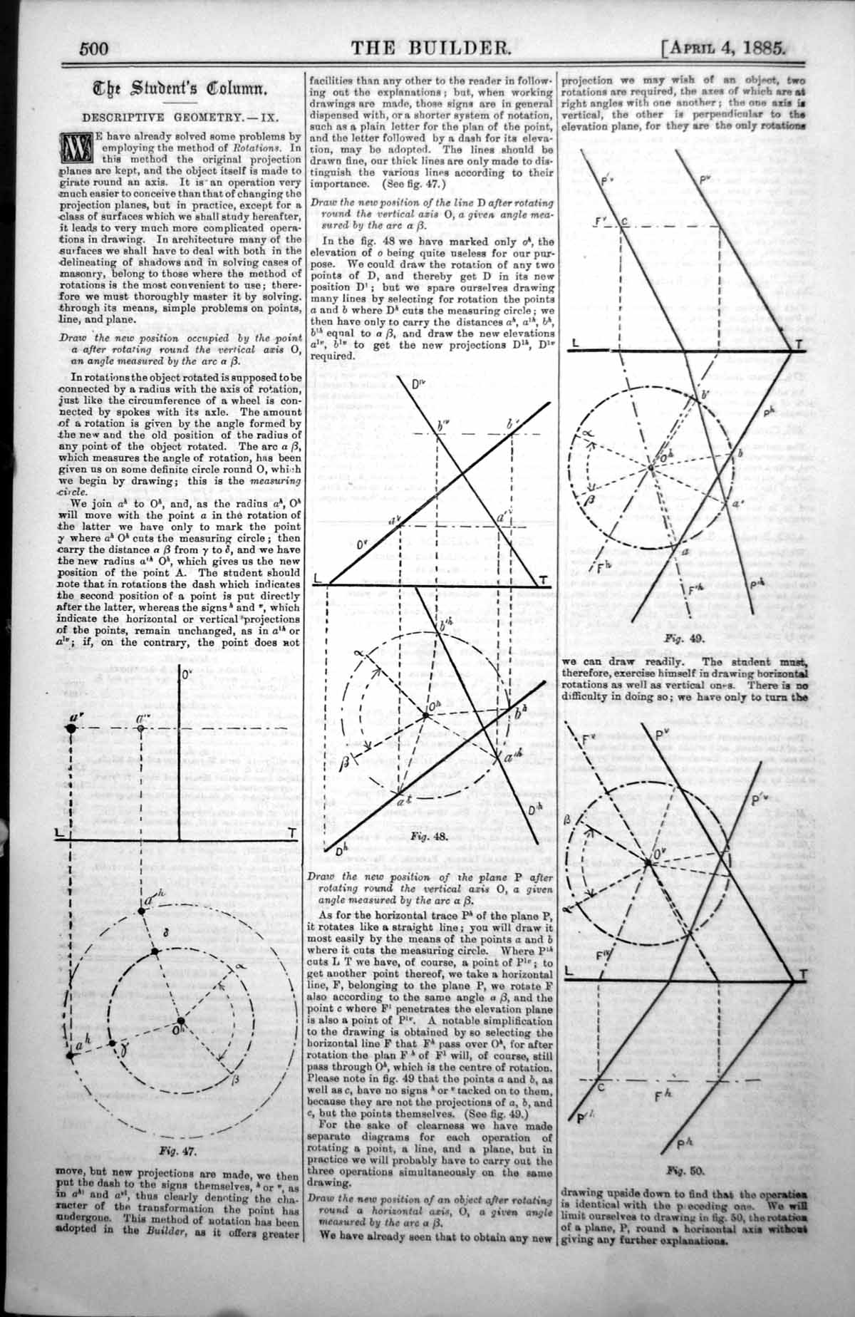 Antique Print Descriptive Geometry Figures Solving Problems Rotations 1885 19th