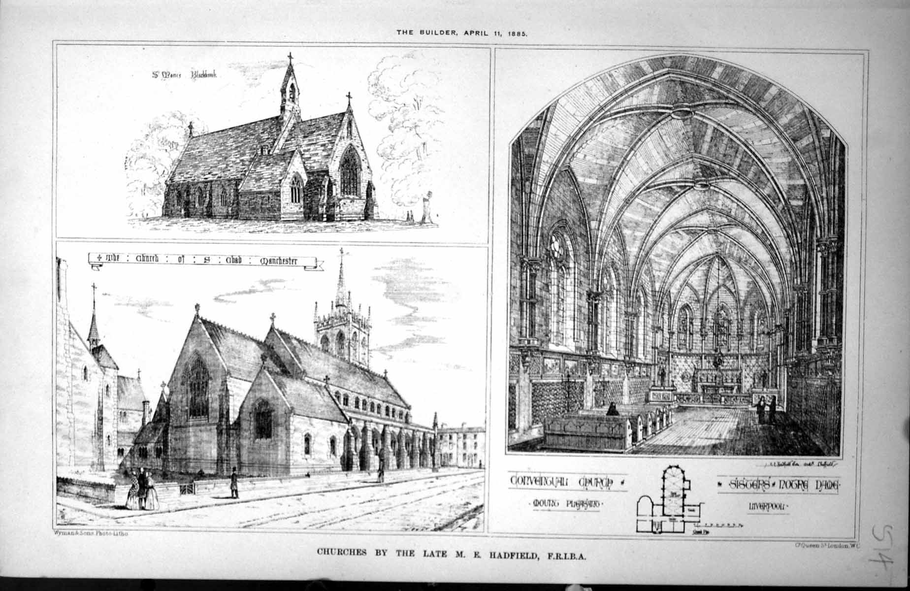 Old Print Churches Hadfield St Marie Blackbrook Manchester Liverpool 1885 19th