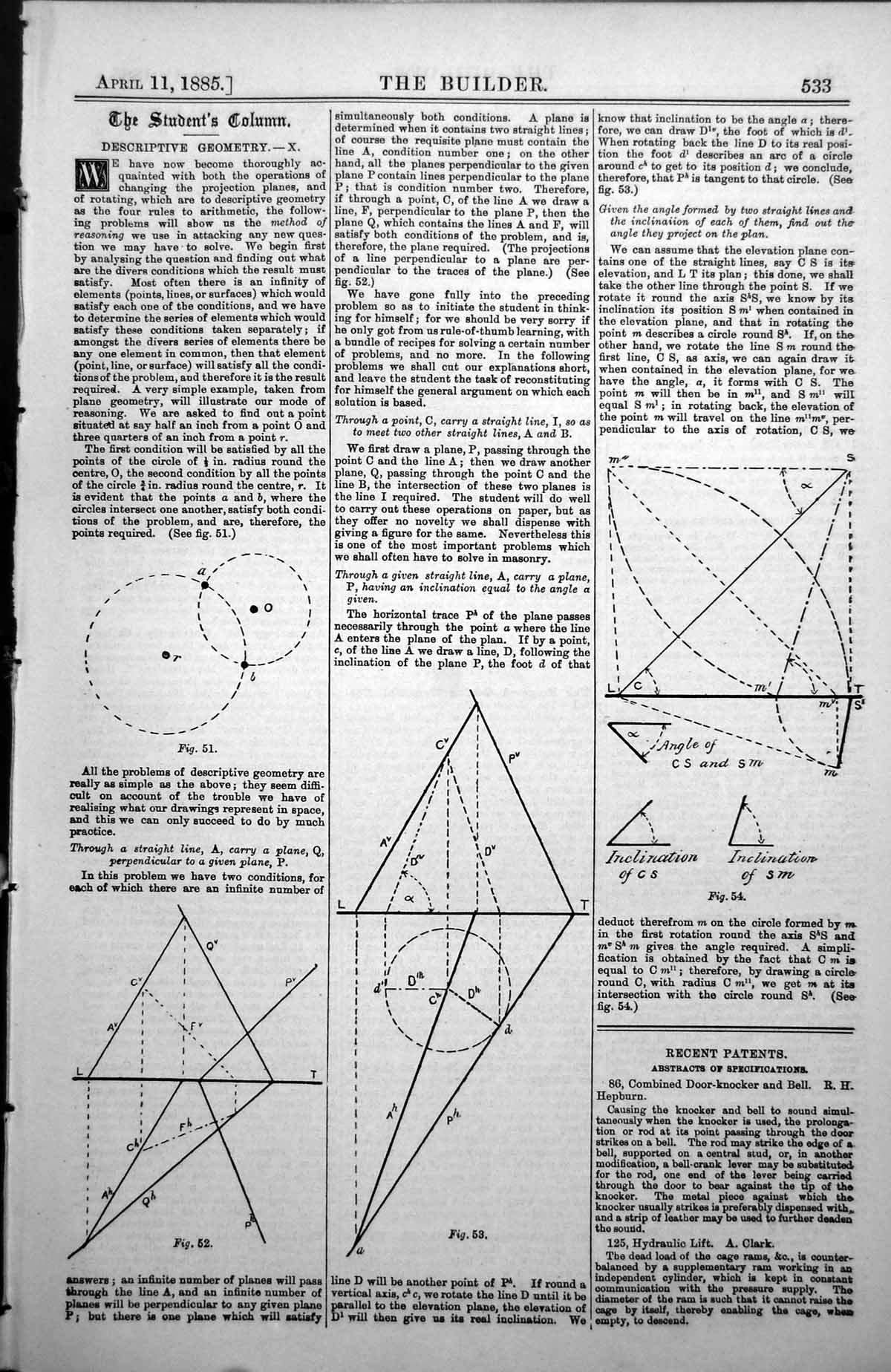 Antique Old Print Descriptive Geometry Figures Line Plane Perpendicular 1885