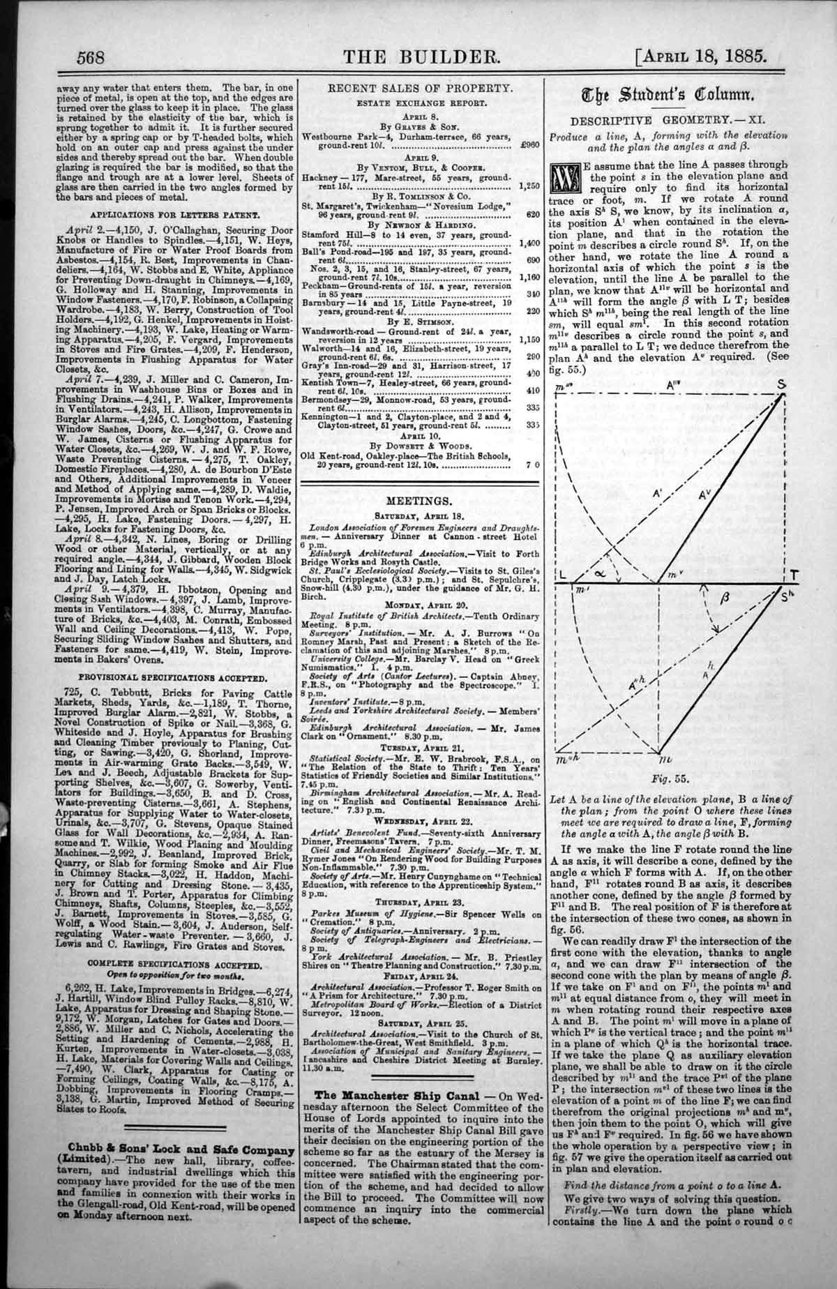 Antique Old Print Descriptive Geometry Line Elevation Plane Plan Diagram 1885