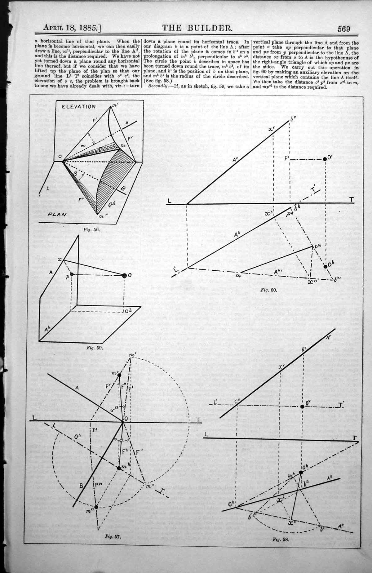 Old Print Descriptive Geometry Figures Sketch Planes Elevation Plan 1885 19th