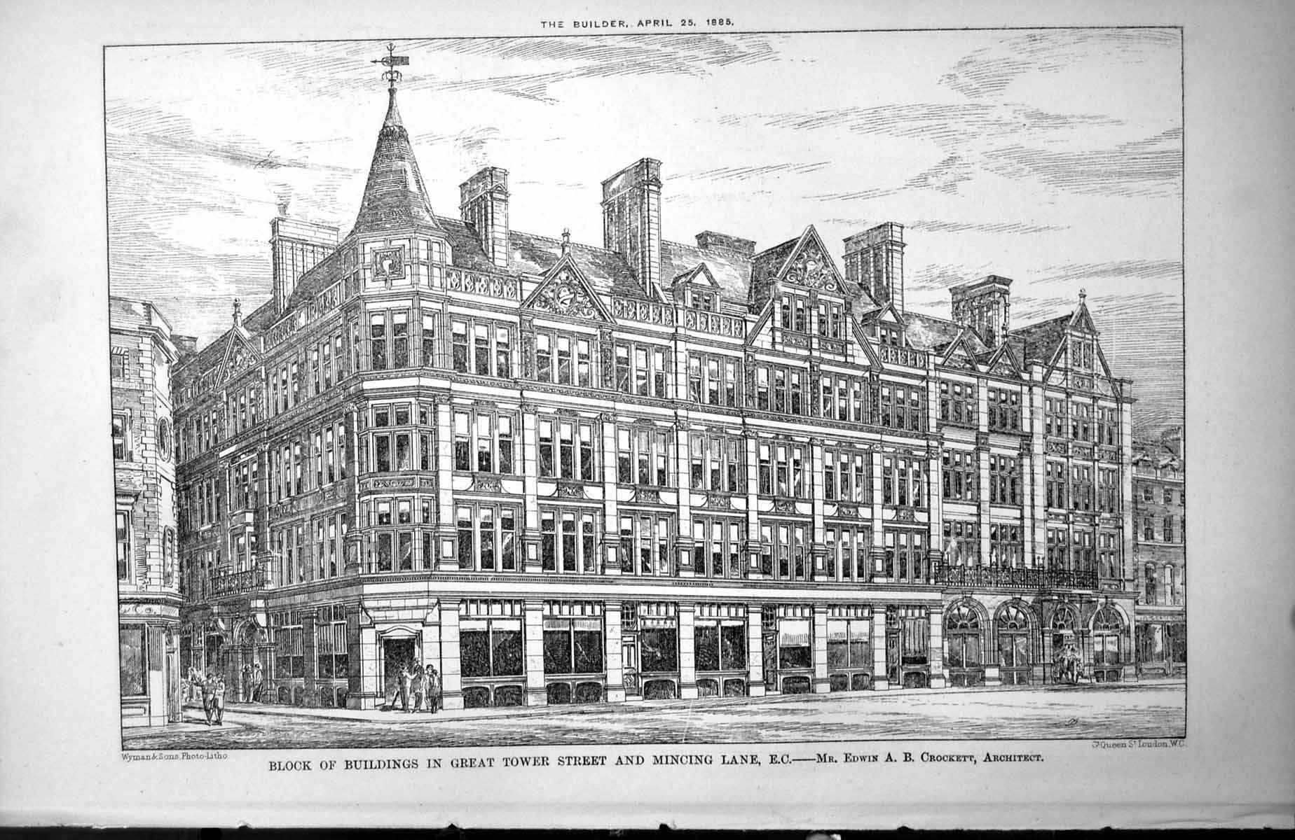 Old Print Block Buildings Great Tower St. Mincing Lane Eab Crockett 1885 19th