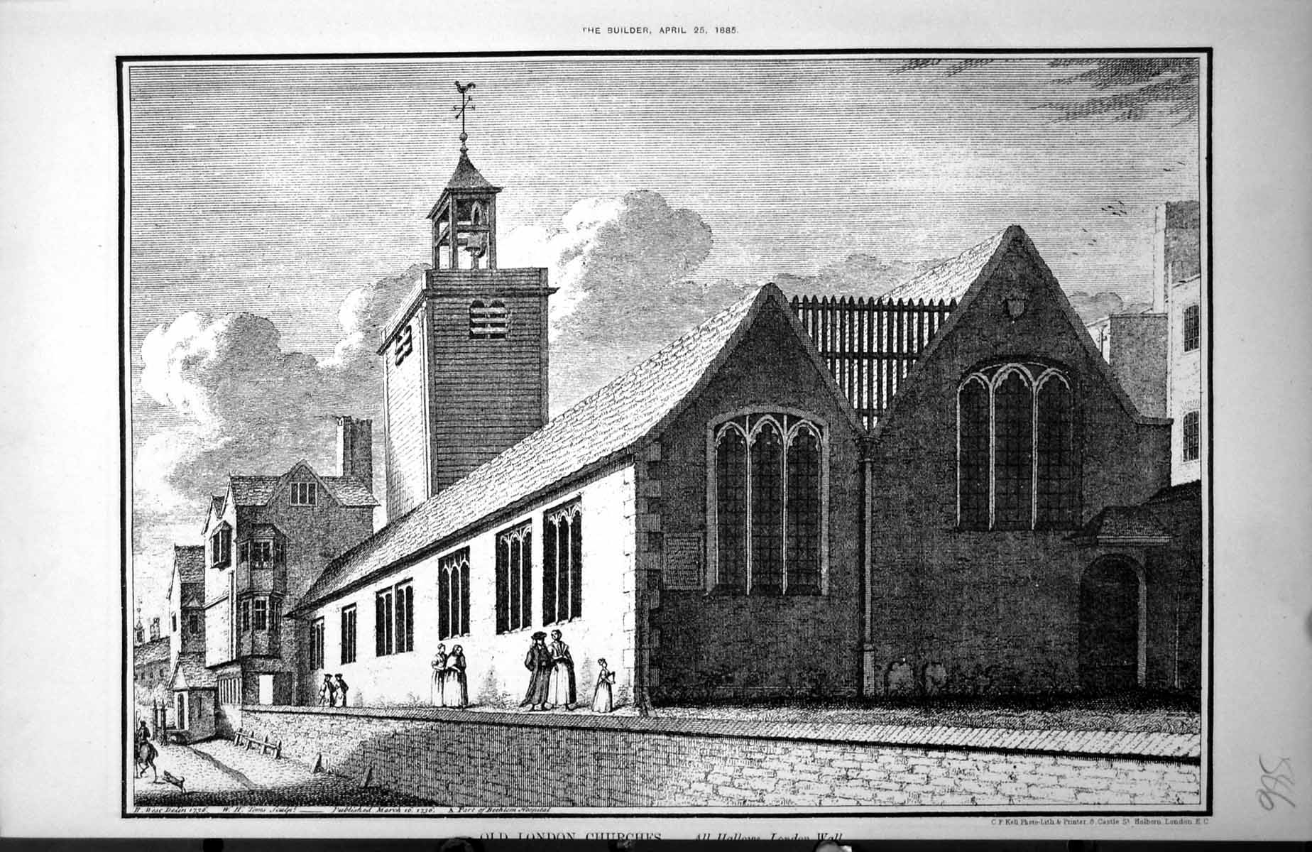 Original Old Antique Print London Churches All Hallows Elevation 1885 Victorian
