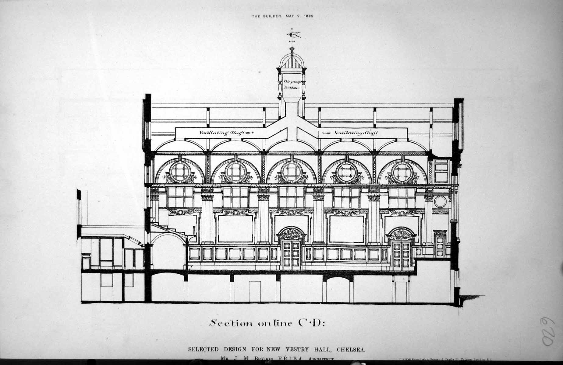 Old Selected Design New Vestry Hall Chelsea Section On Line C-D 1885 Victorian