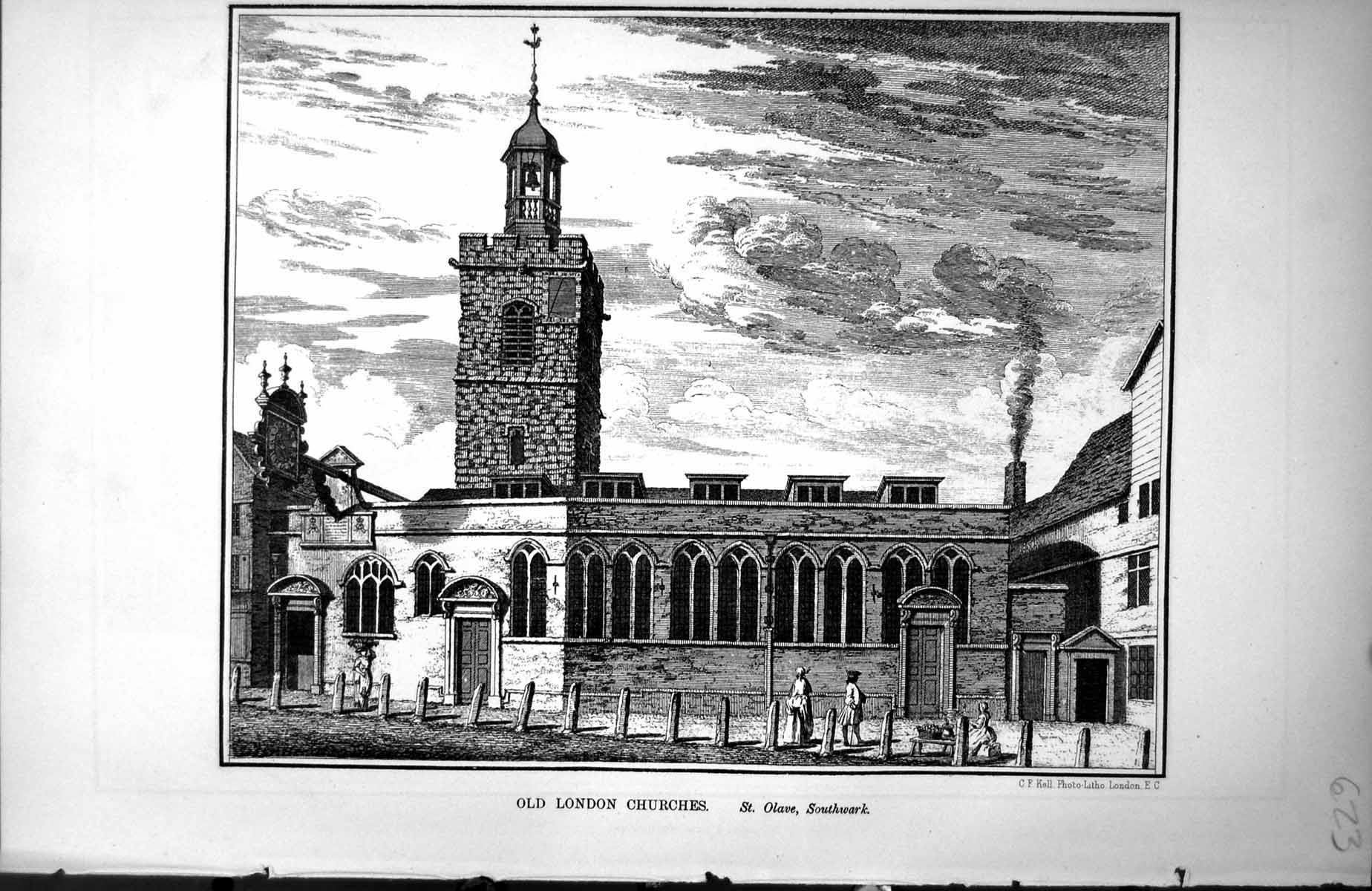 Original Old Antique Print London Churches St. Olave Southwark Elevation 1885