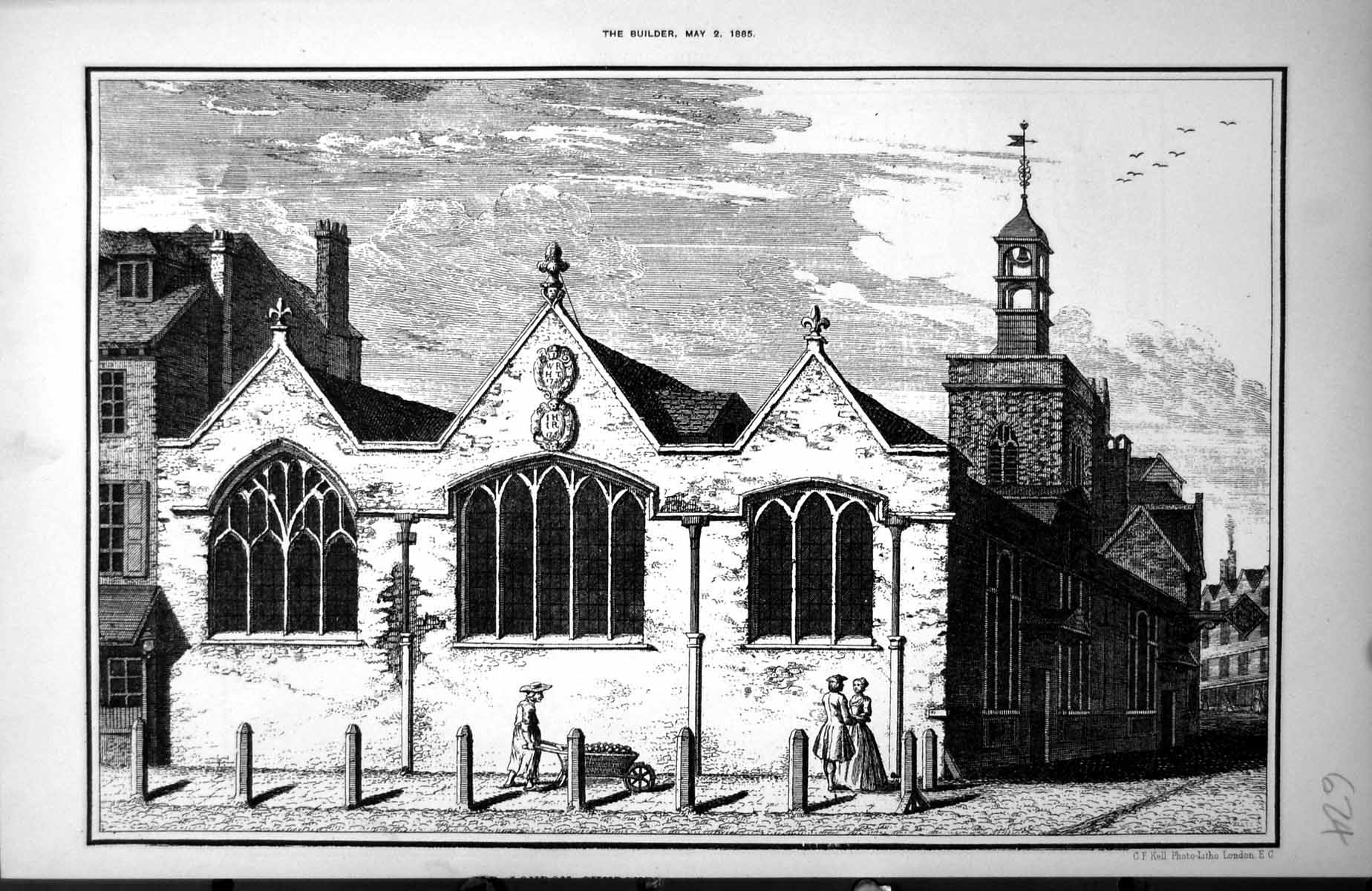 Antique Old Print London Church Perspective View Peasant Fruit Barrow 1885 19th