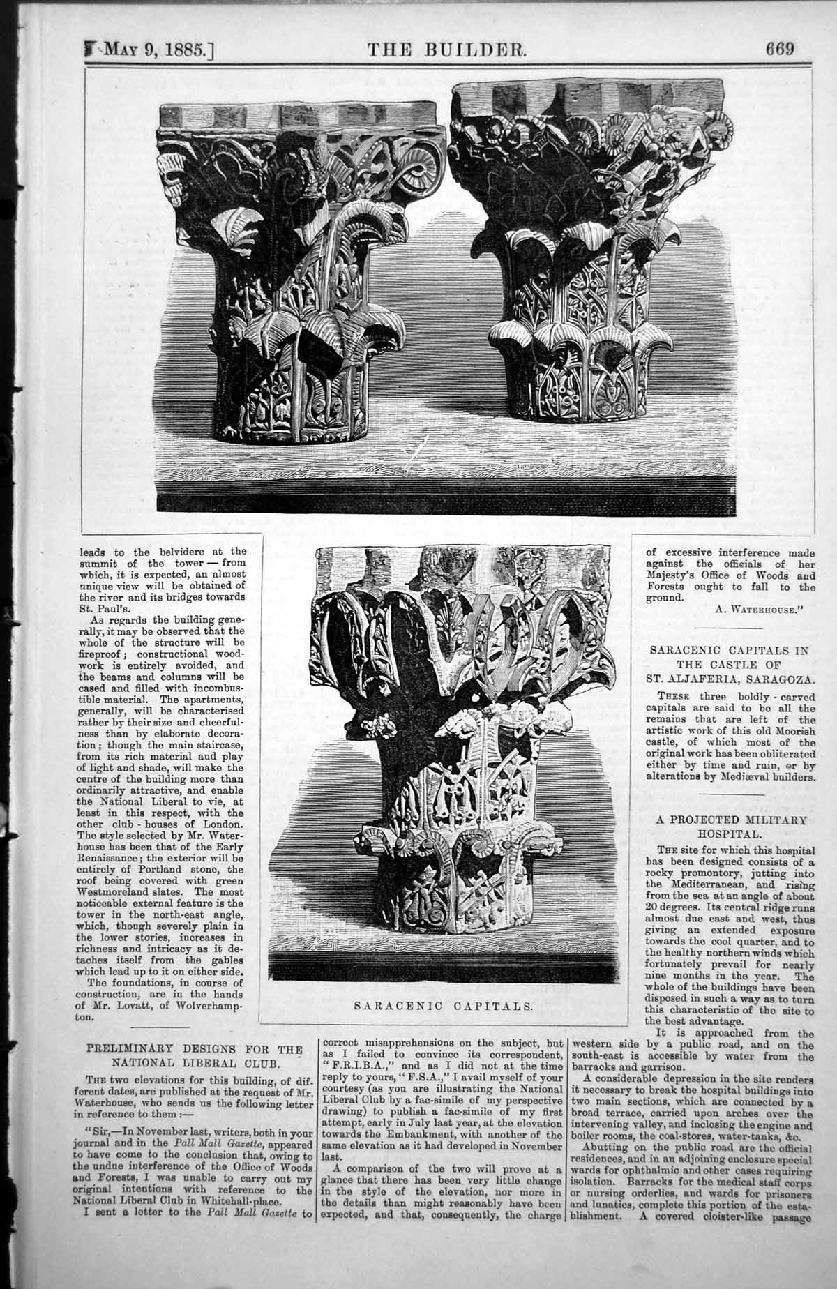Old Antique Print Saracenic Capitals In Castle St. Aljareia Saragoza 1885 19th