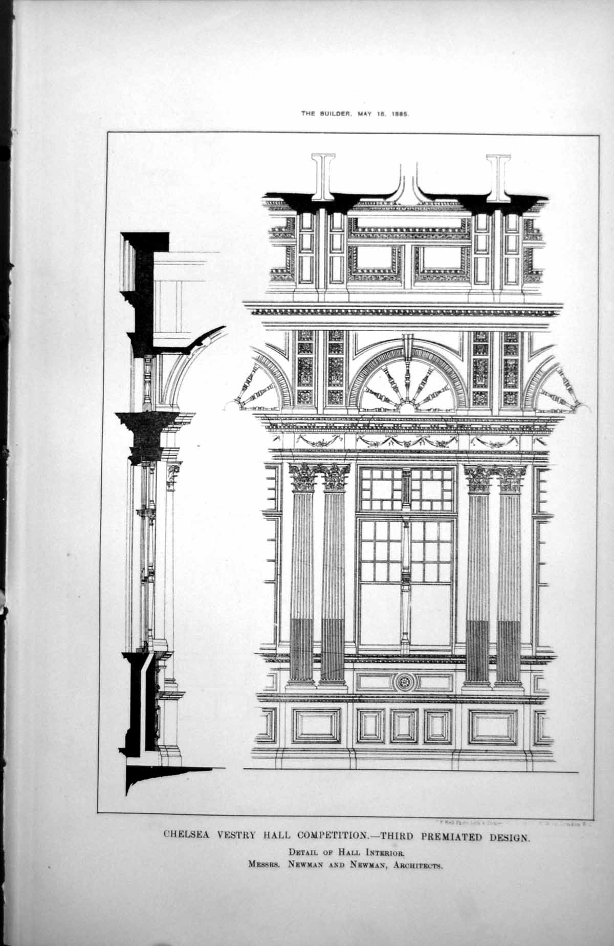 Antique Old Print Chelsea Vestry Hall Competition Third Premiated Design 1885