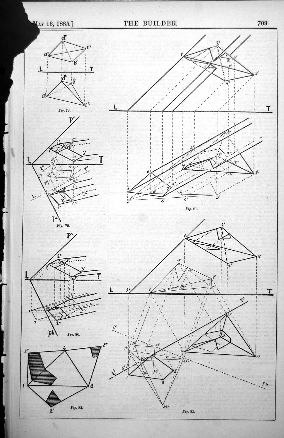 Old Antique Print Complex Descriptive Geometry Without Text Damaged 1885 19th