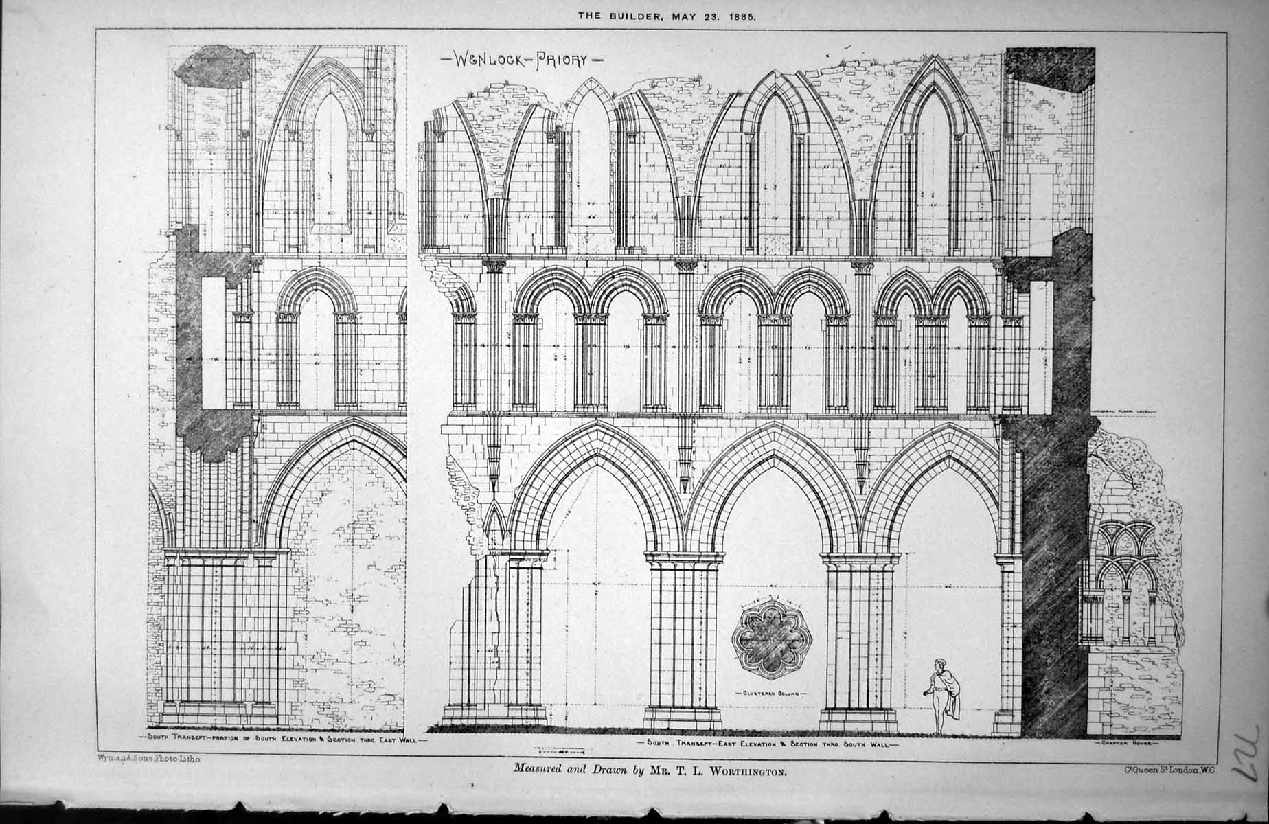 Old Antique Print Wenlock Priory Shropshire Tl Worthington Elevation 1885 19th