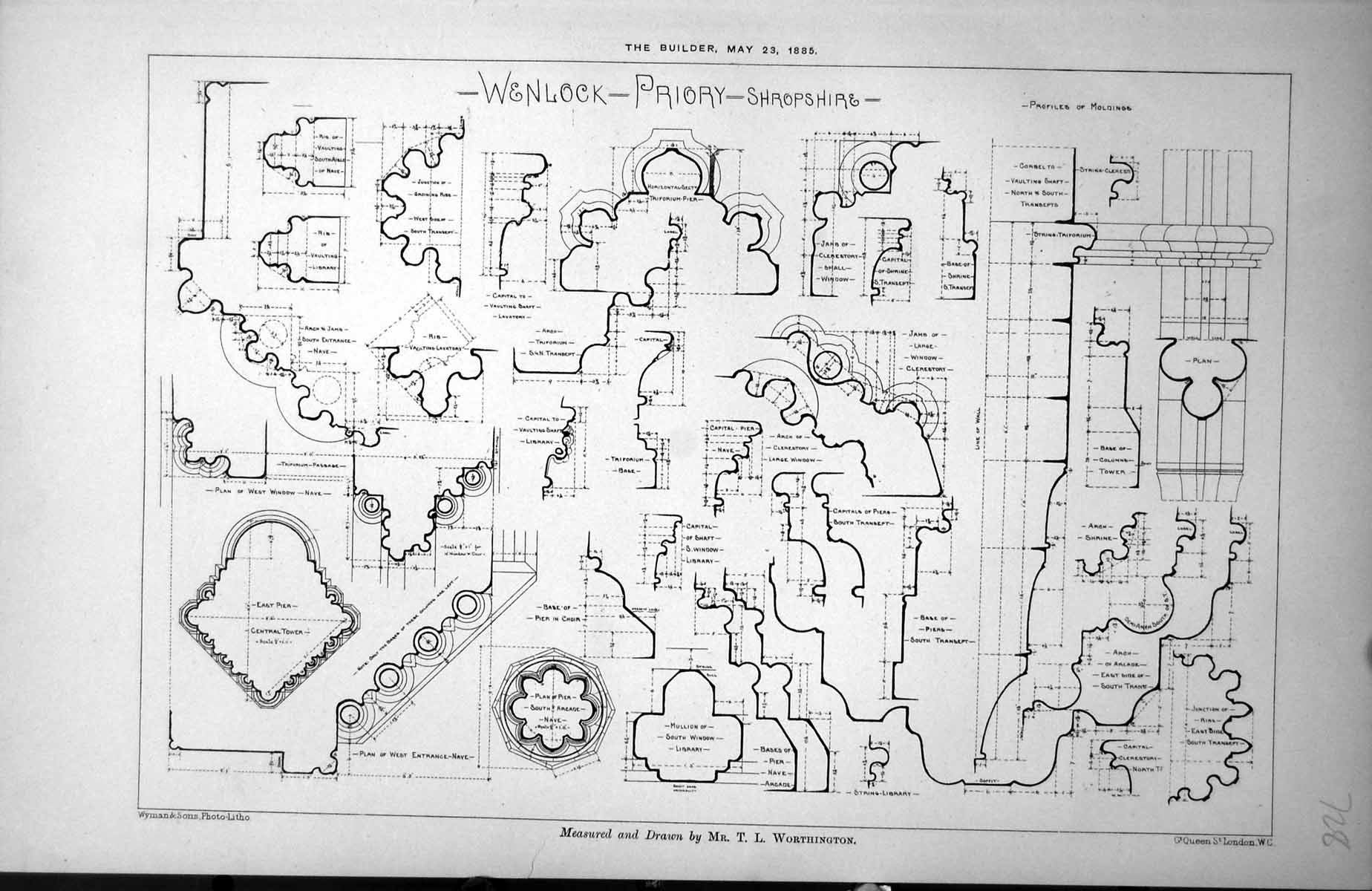 Antique Old Print Wenlock Priory Shropshire Drawn Tl Worthington Details 1885