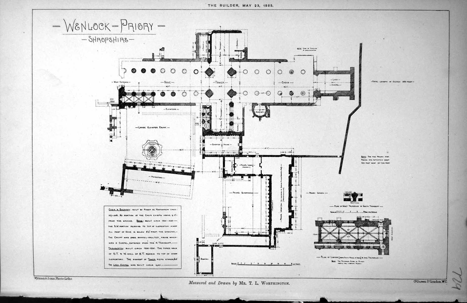 Antique Print Wenlock Priory Shropshire Tl Worthington Plans Labelled 1885 19th