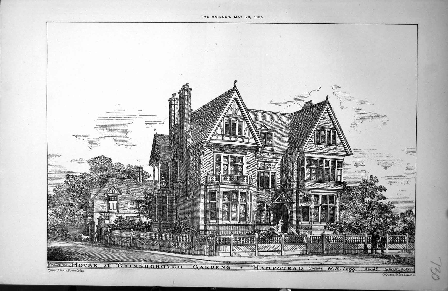 Antique Old Print House At Gainsborough Gardens Hampstead Hs Legg Arch. 1885