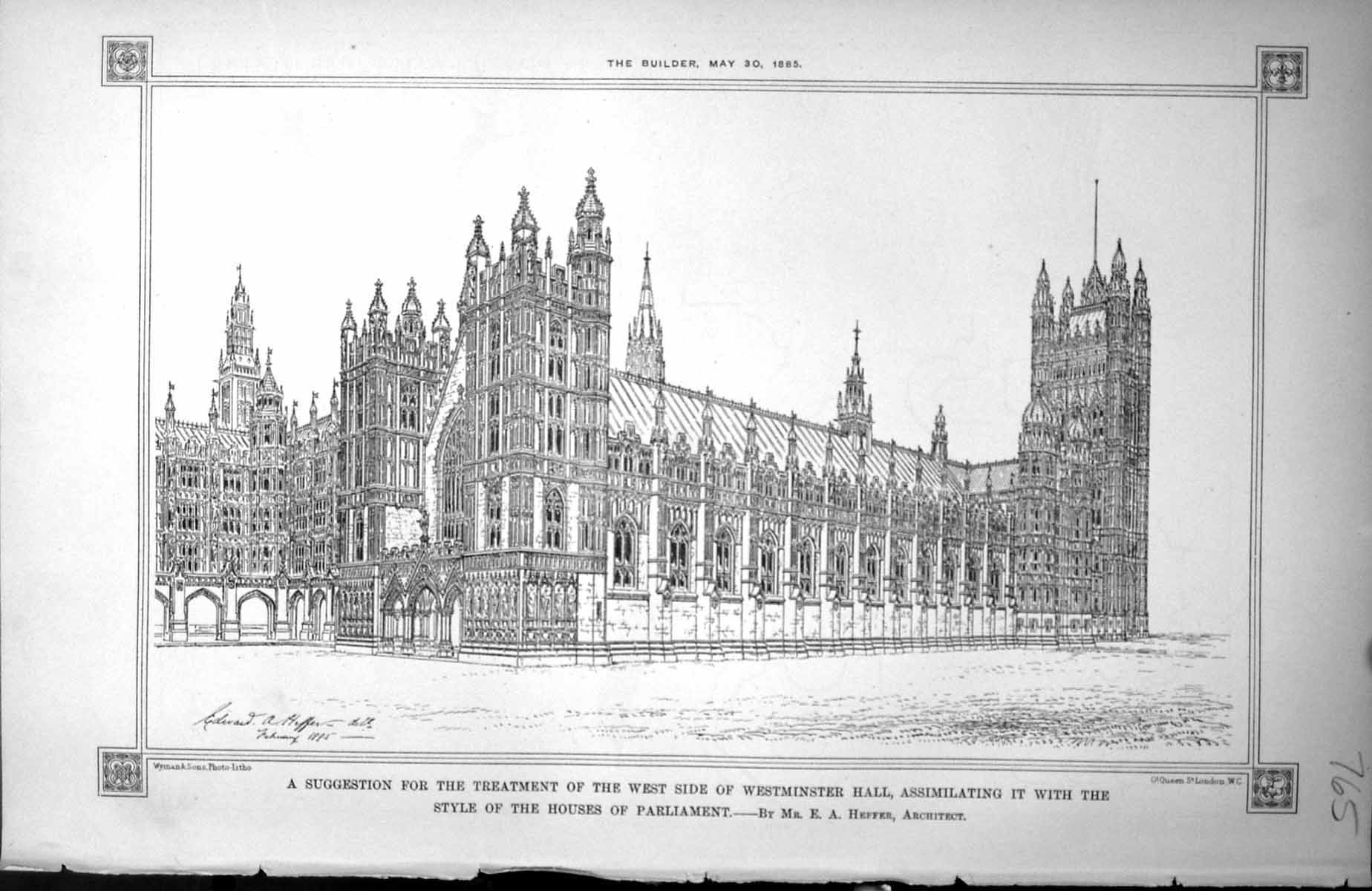 Antique Old Print Suggestion West Side Westminster Hall Style Parliament 1885