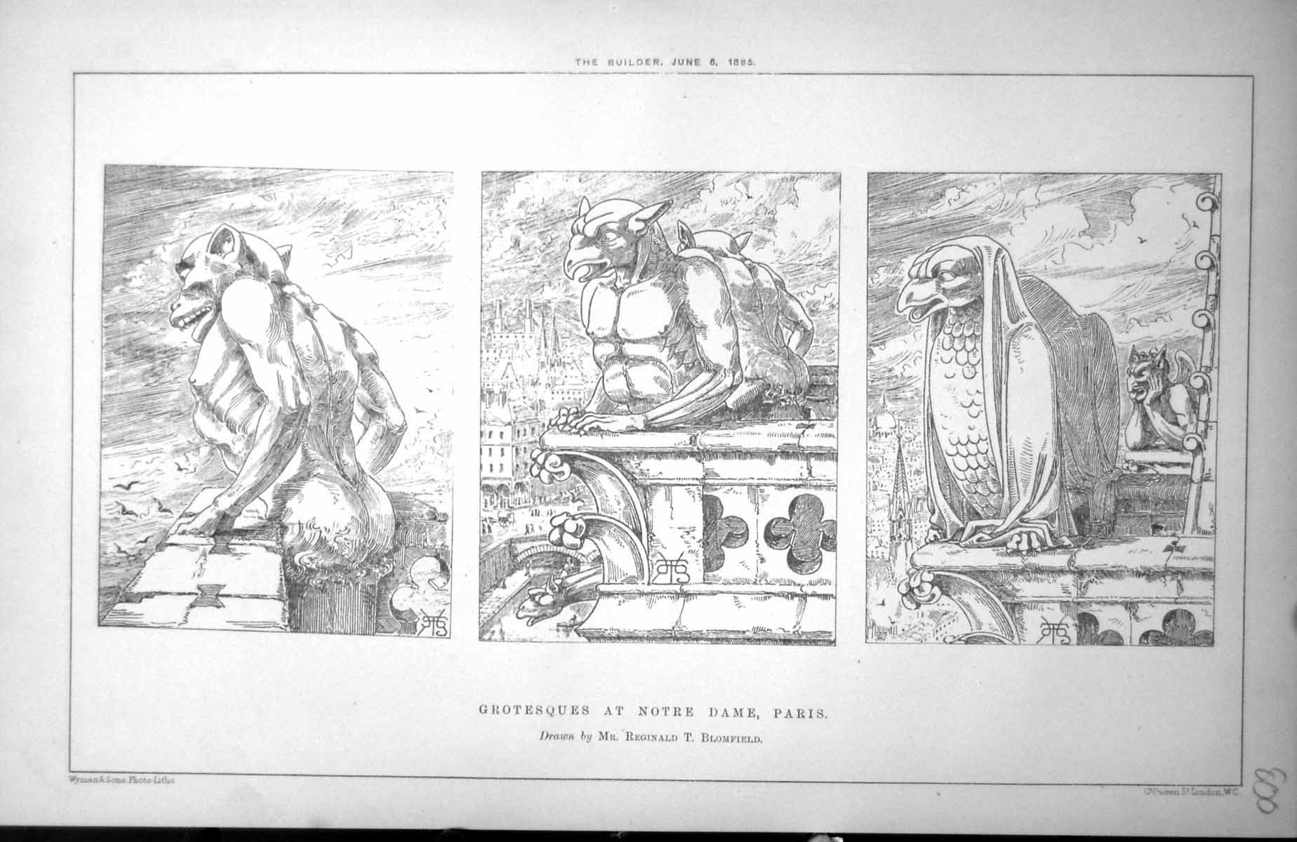 Old Print Grotesques At Notre Dame Paris Drawn Reginald T Blomfield 1885 19th