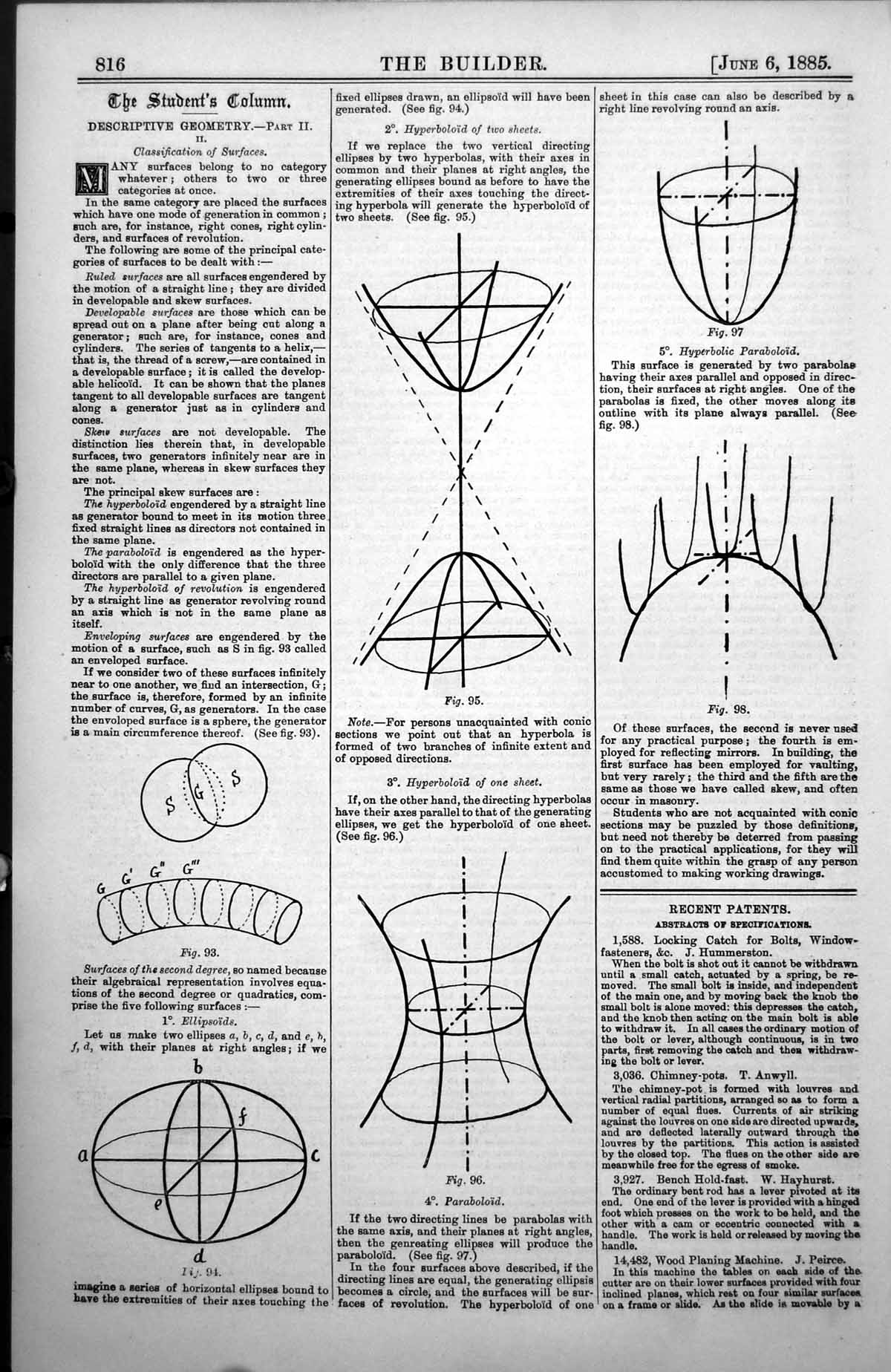 Antique Old Print Descriptive Geometry Classification Surfaces Diagrams 1885