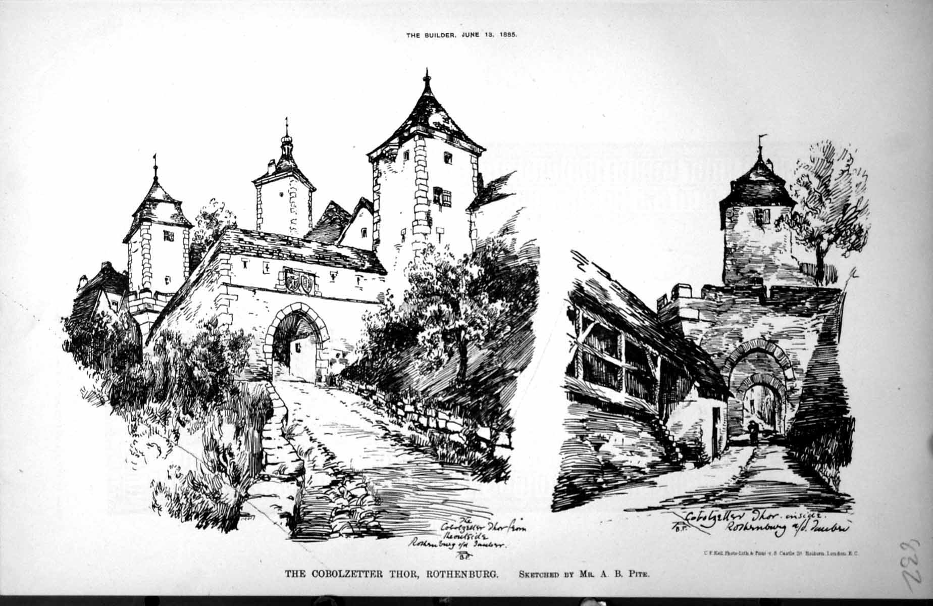 Antique Old Print Cobolzetter Thor Rothenburg Sketched Ab Pite Gateways 1885