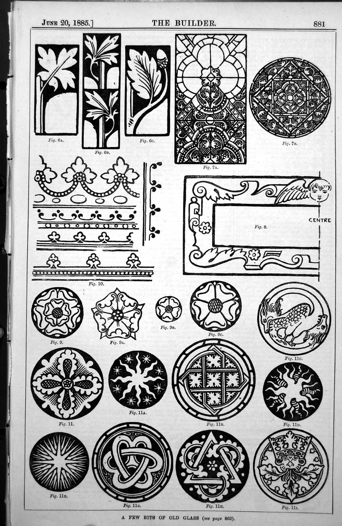 Antique Old Print Glass Stained Panels Sun Astral Motifs Floral Stylised 1885