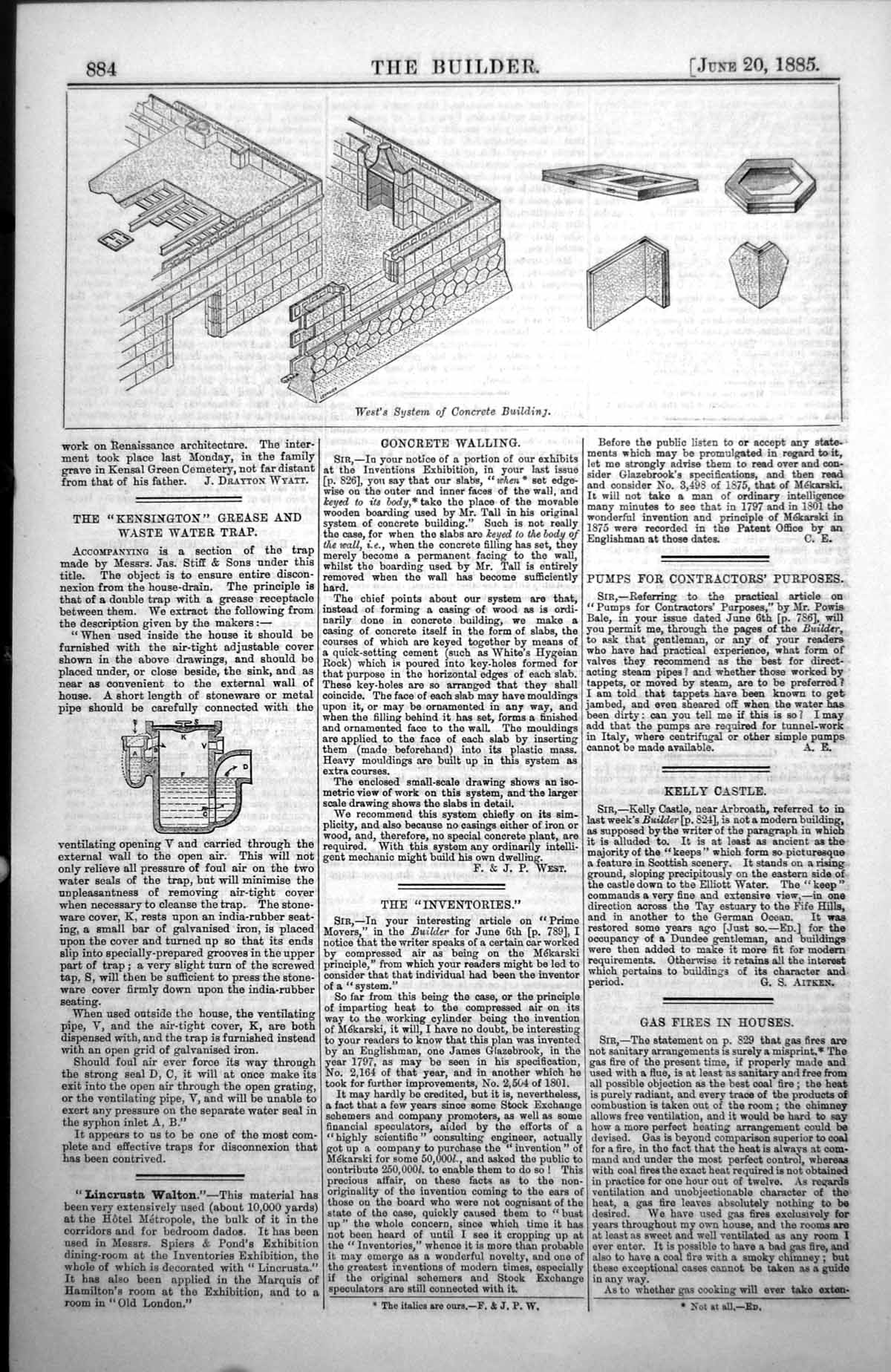 Antique Old Print West'S System Concrete Building Cross Section Walls 1885 19th