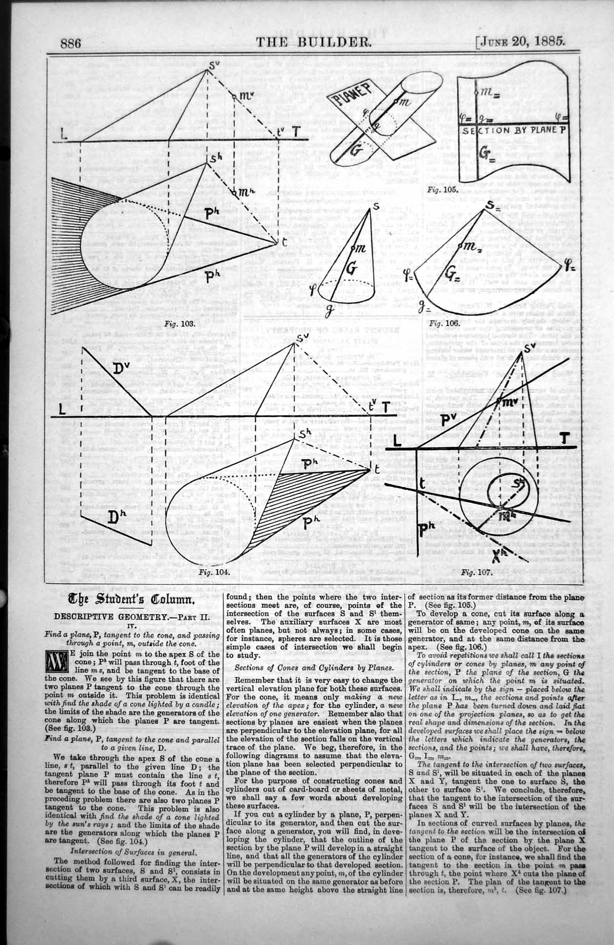 Antique Old Print Descriptive Geometry Finding Plane Tangent Cone Notes 1885