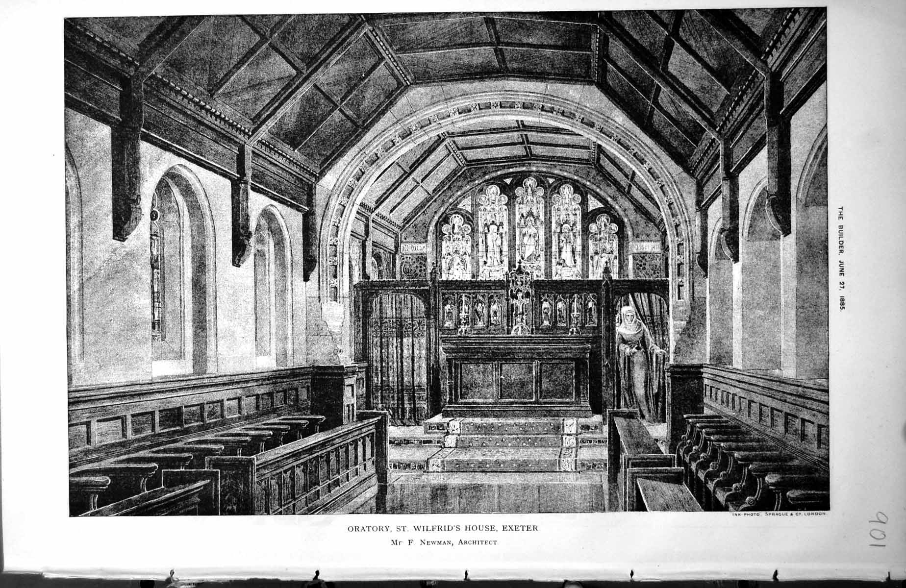 Antique Old Print Oratory St. Wilfrid'S House Exeter F Newman Architect 1885