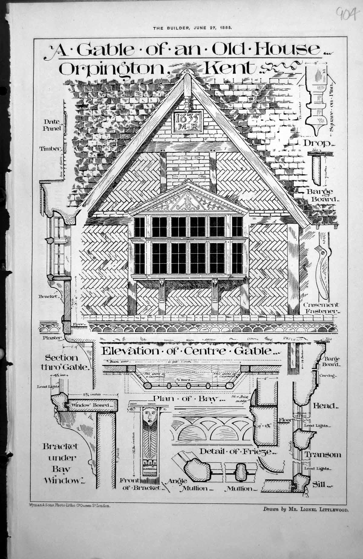 Antique Old Print Gable House Irpington Kent Elevation Details Mullions 1885