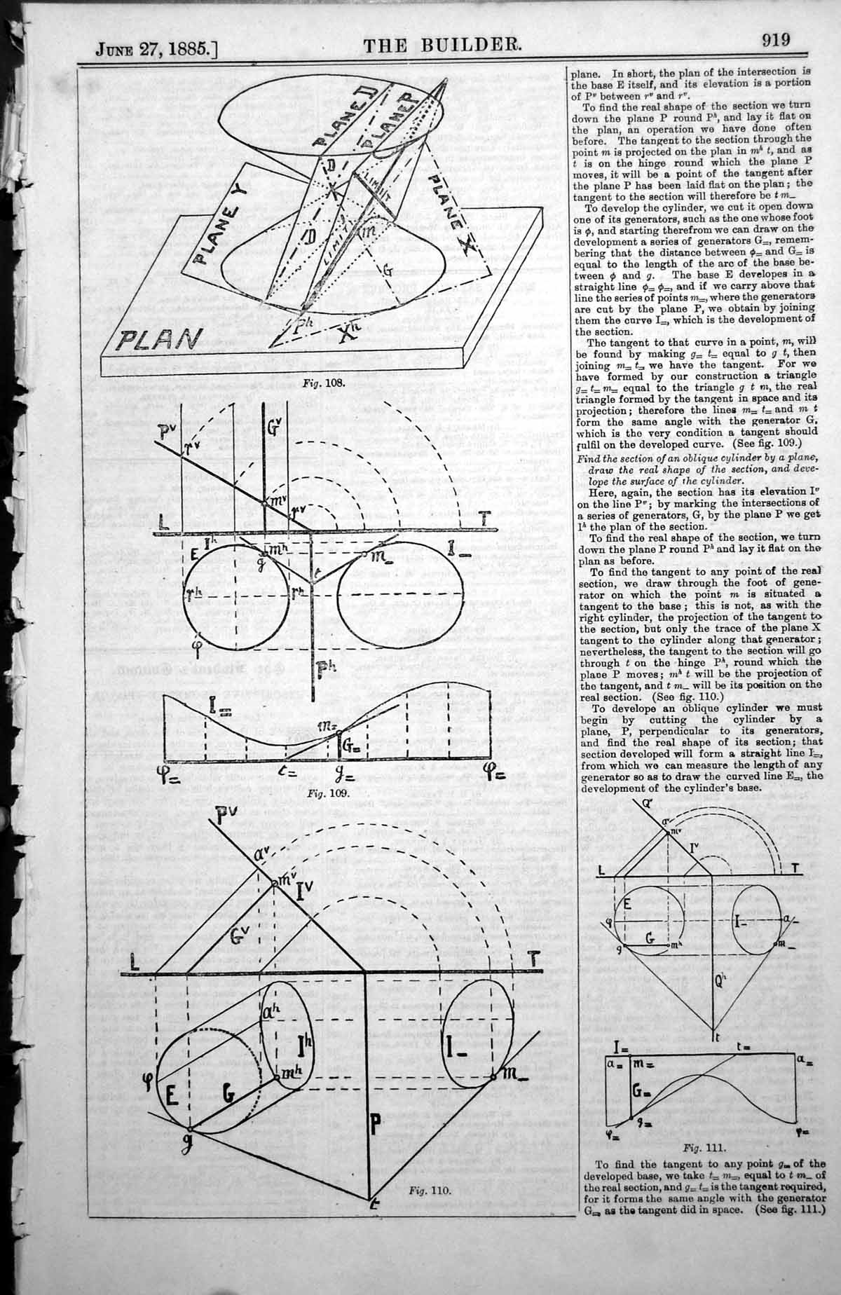 Antique Old Print Descriptive Geometry Diagrams Plans Planes Tangents 1885 19th