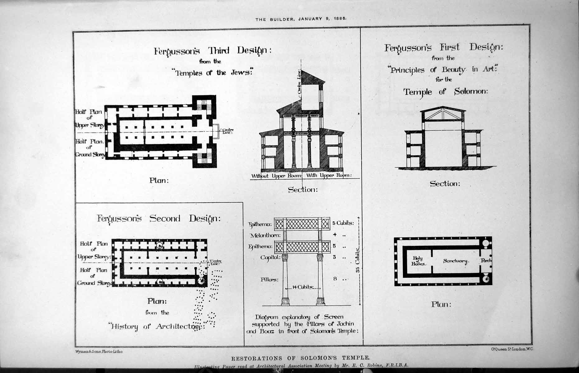 Antique Old Print Plans Restorations Solomons Temple Fergussons Designs 1886