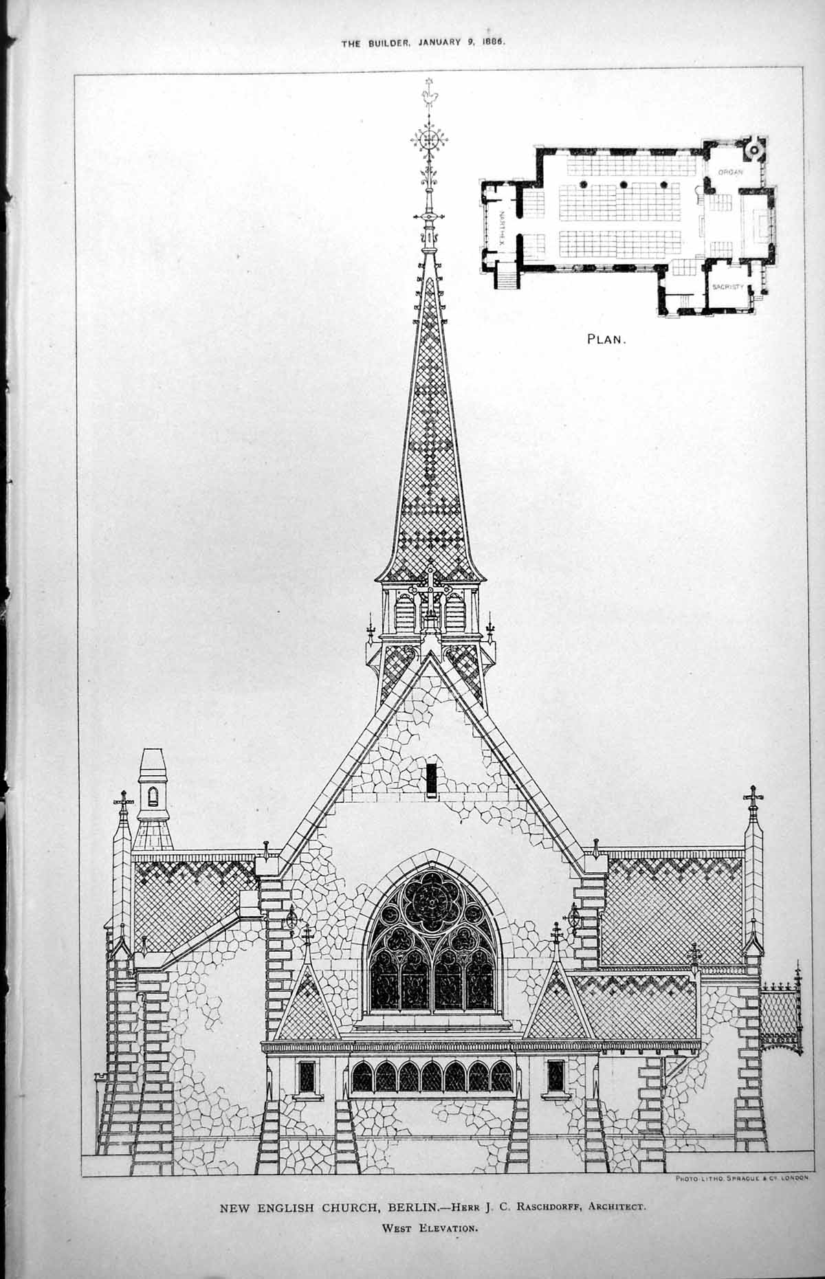 Old Print Plan New English Church Berlin West Elevation J Raschdorff Arch 1886