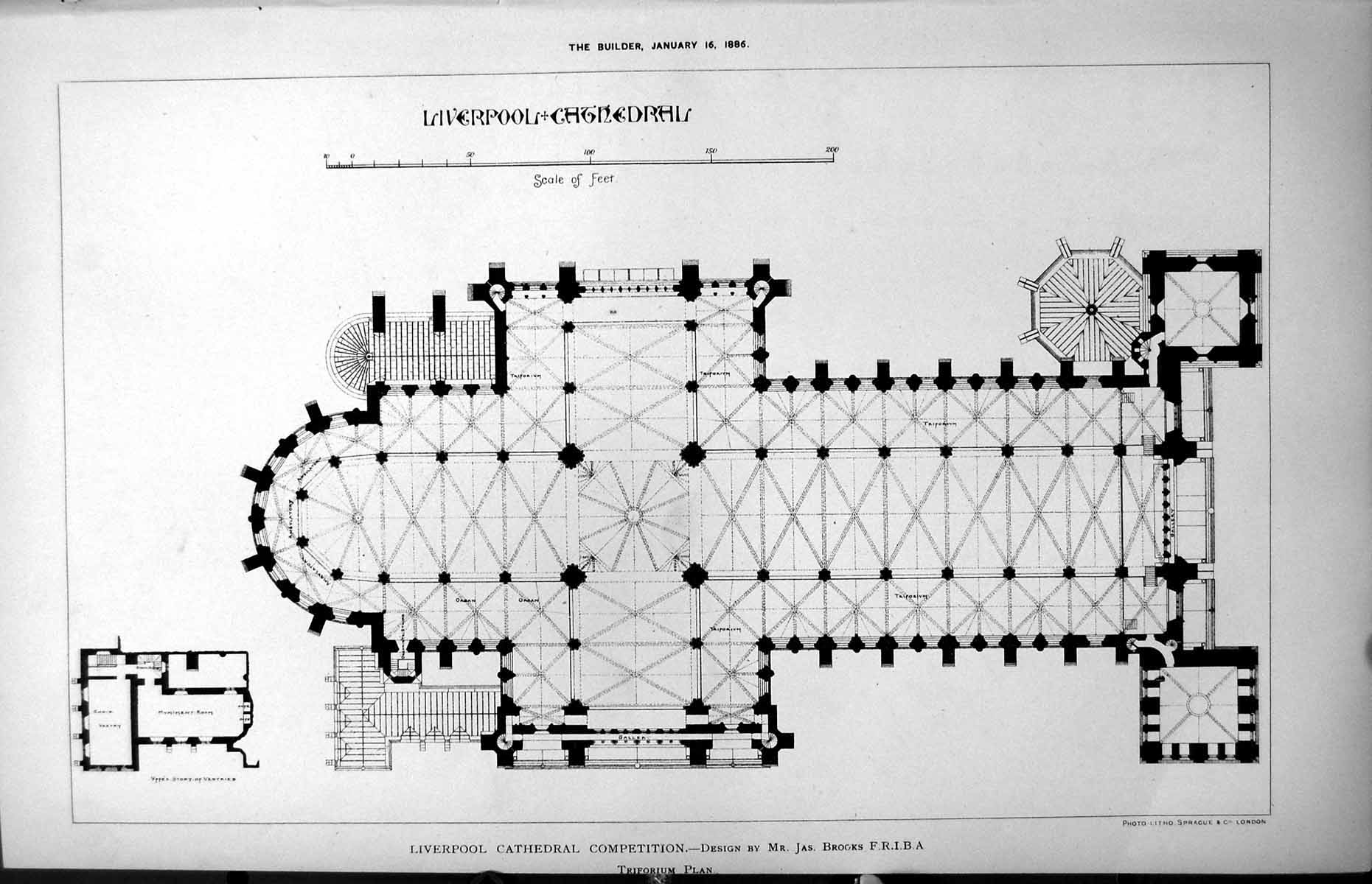 Old Triforium Plan Liverpool Cathedral Competition Design J Brooks 1886 19th