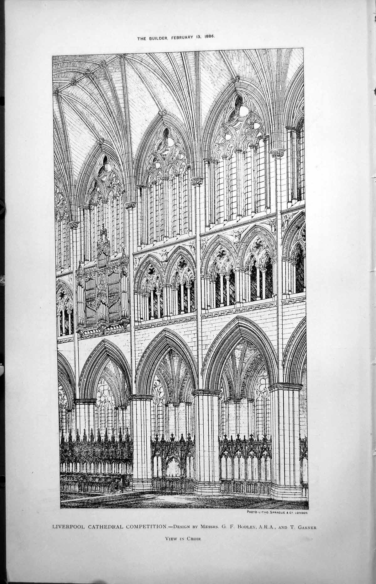 Antique Old Print Liverpool Cathedral View Choir Messrs Bodley & Garner 1886