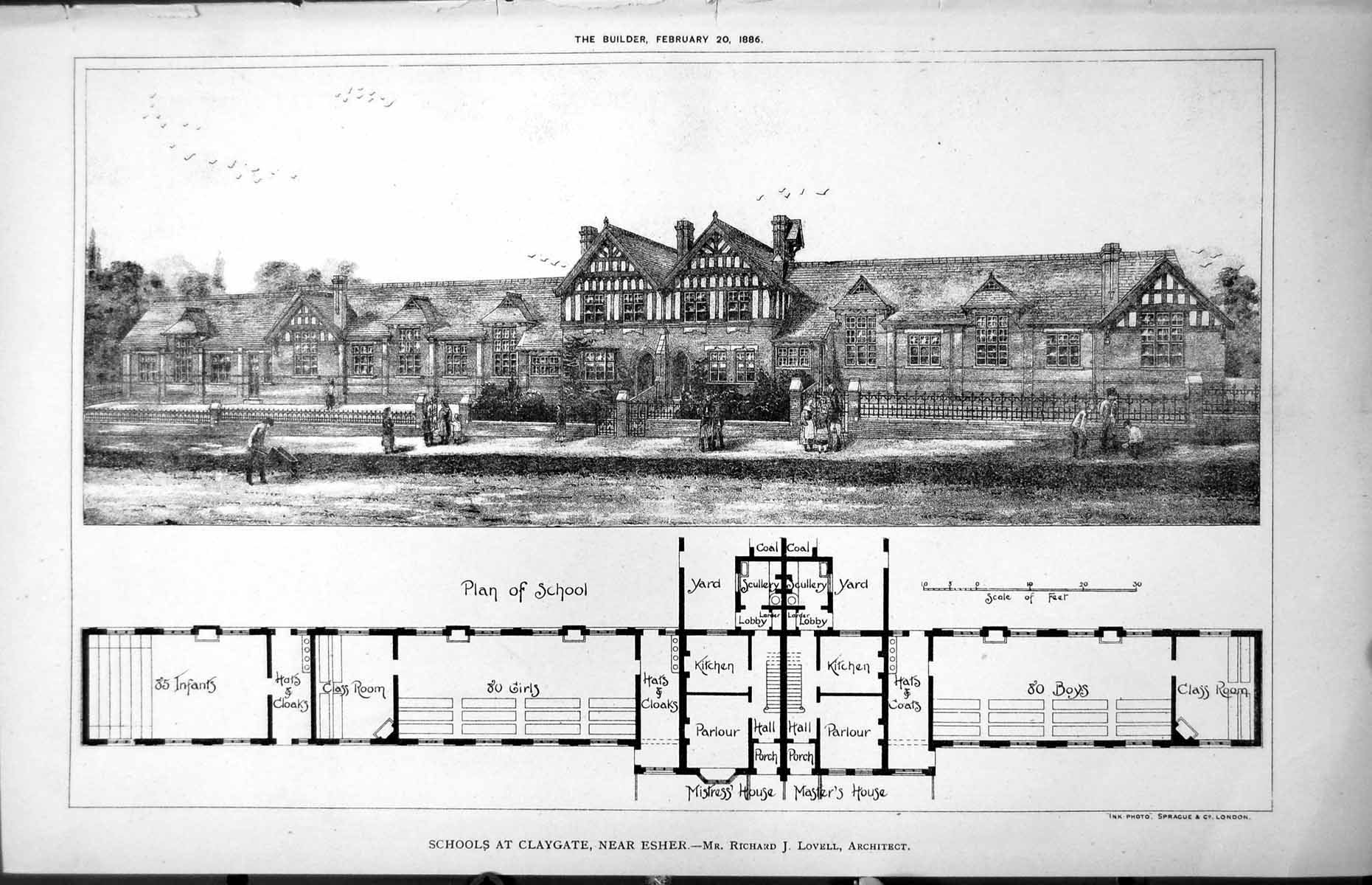 Old Plan Schools Claygate Near Esher Exterior Richard Lovell Arch 1886 19th