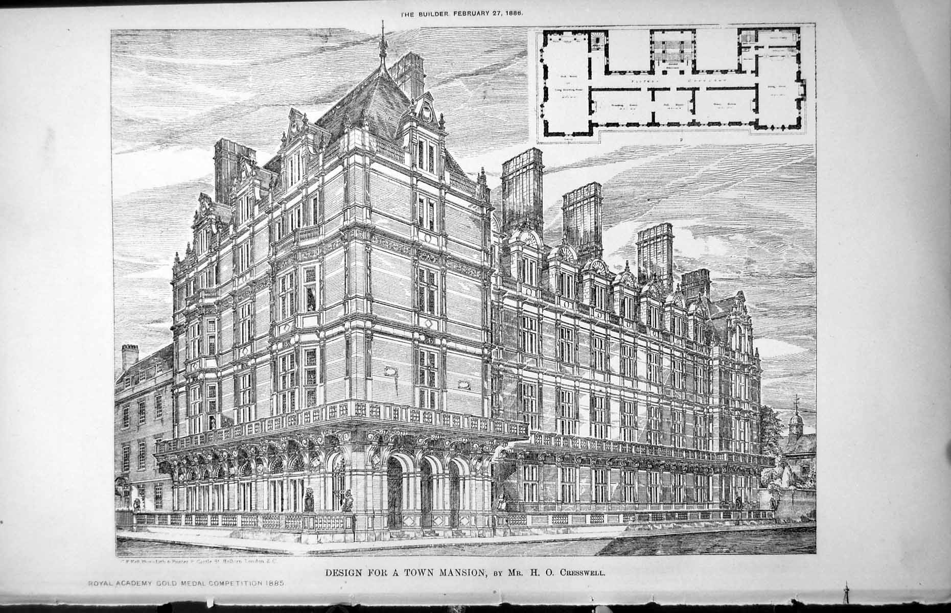 Old Print Plans Design Town Mansion H Cresswell Royal Academy GMedal1886 19th