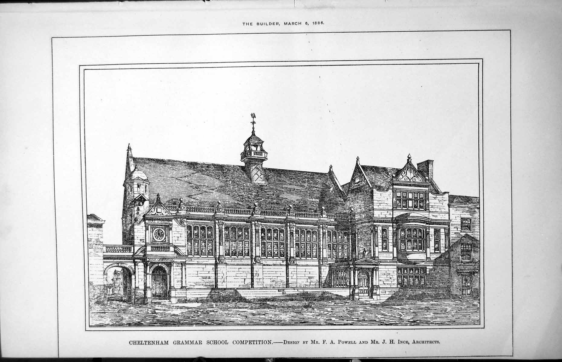 Old Print Cheltenham Grammar School Competition Powell & Ince Arch 1886 19th