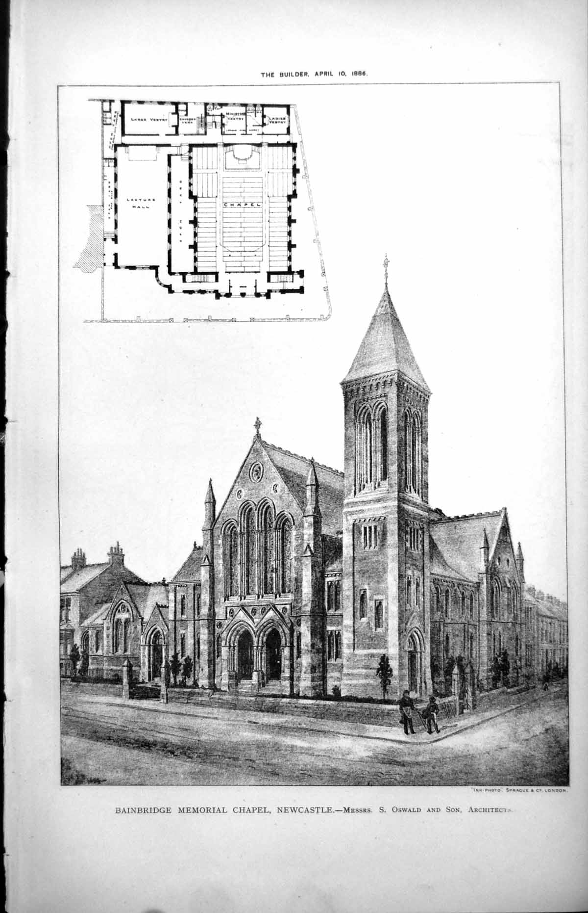 Antique Print Plan Bainbridge Memorial Chapel Newcastle S Oswald Arch 1886