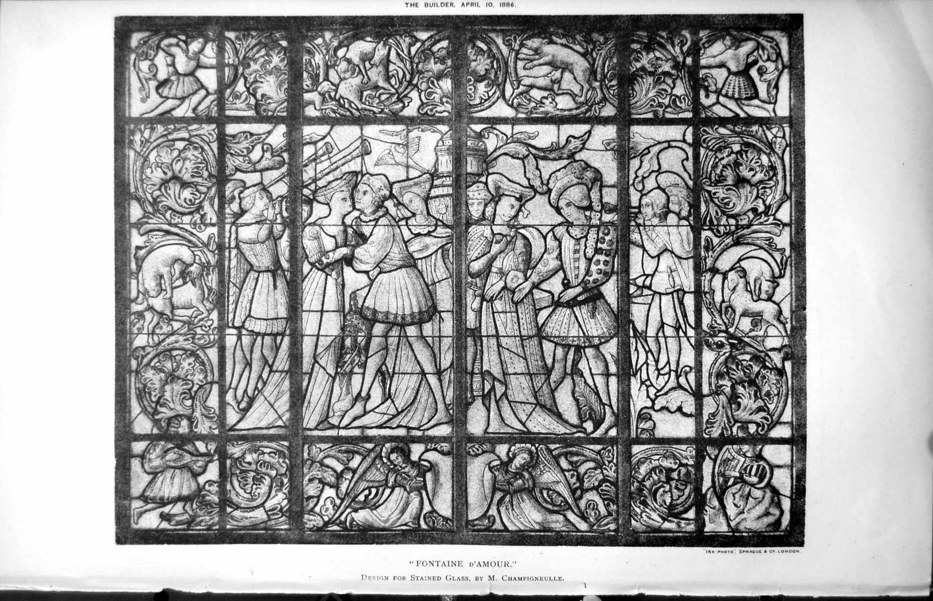 Antique Old Print Fontaine D'Amour Design Stained Glass M Champigneulle 1886