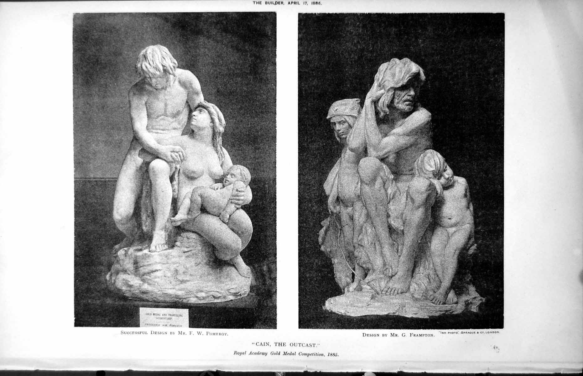 Antique Old Print Cain Outcast R A GMedal Design F Pomeroy G Frampton 1886