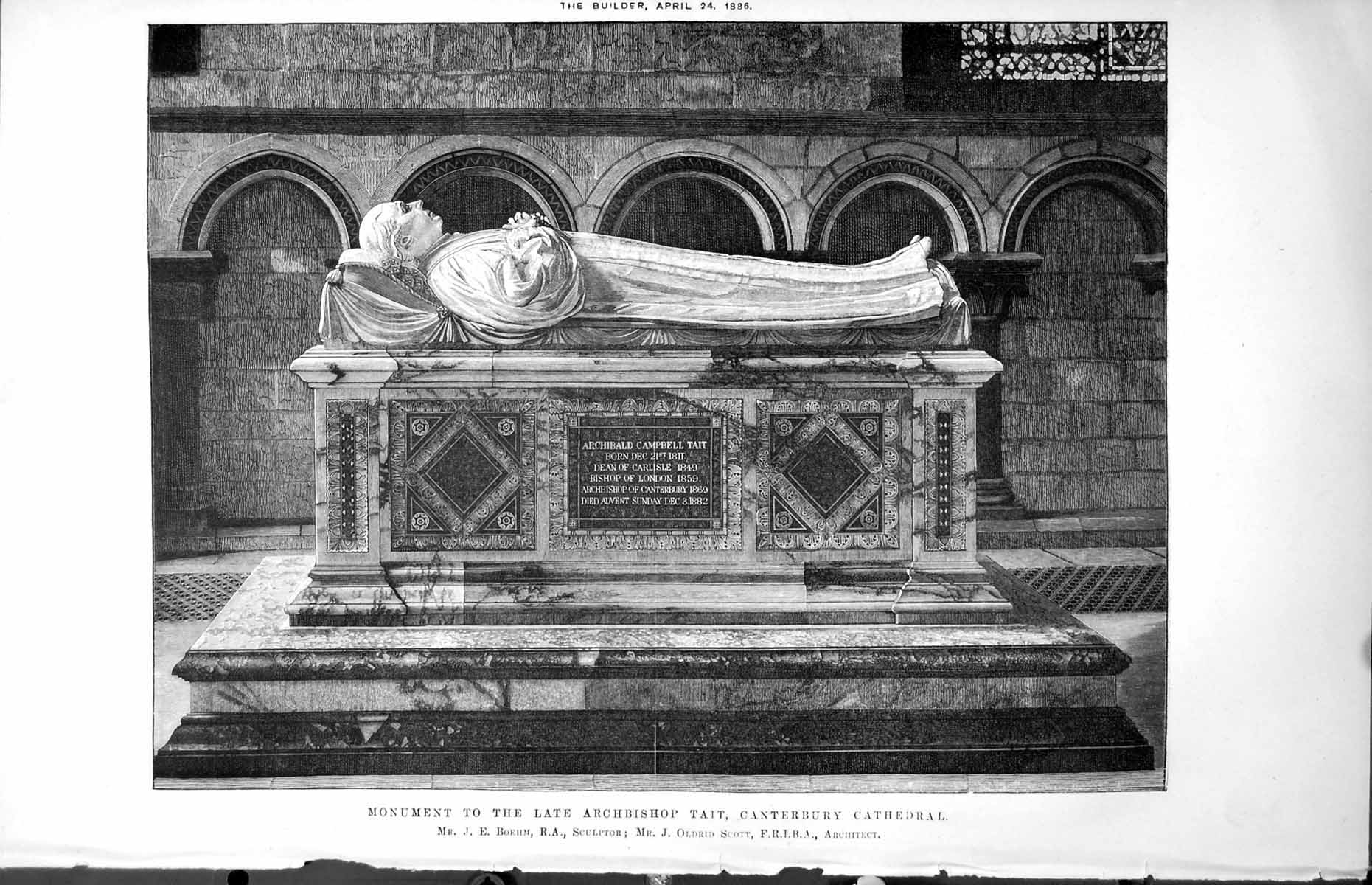 Old Print Monument Archbishop Tait Canterbury Cathedral Boehm Scott 1886 19th