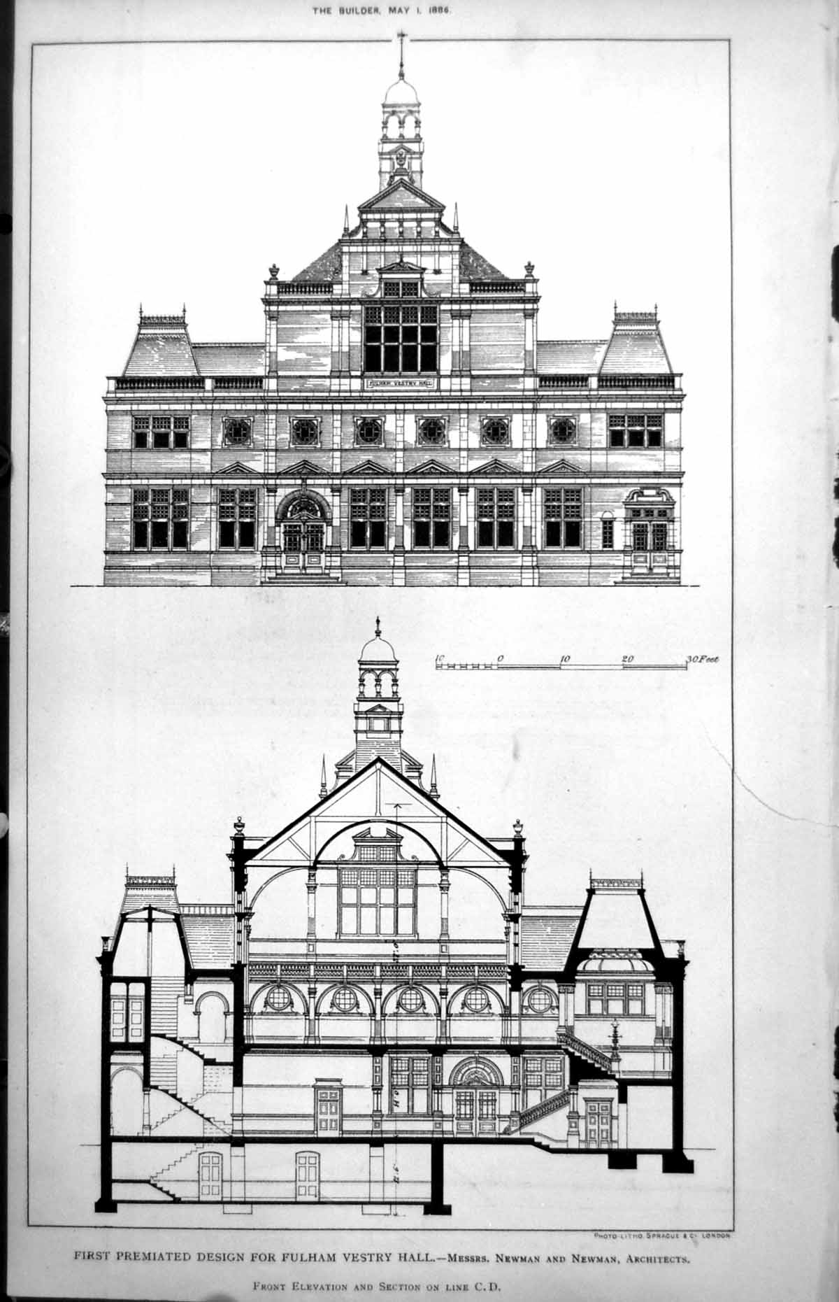 Old Plan Front Elevation Fulham Vestry Hall Newman Newman Arch 1886Victorian