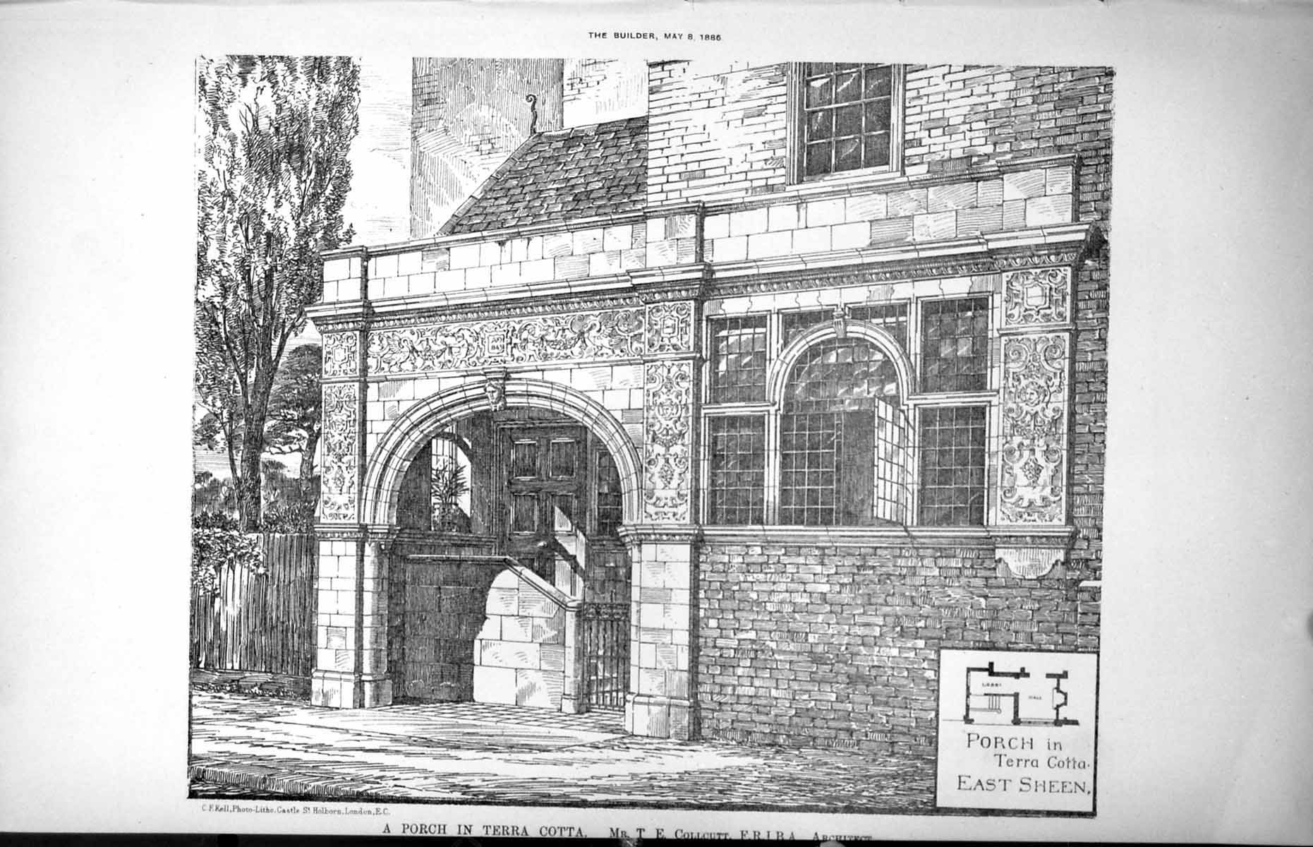 Antique Print Plan Porch Terra Cotta East Sheen T Collcutt Architect 1886 19th