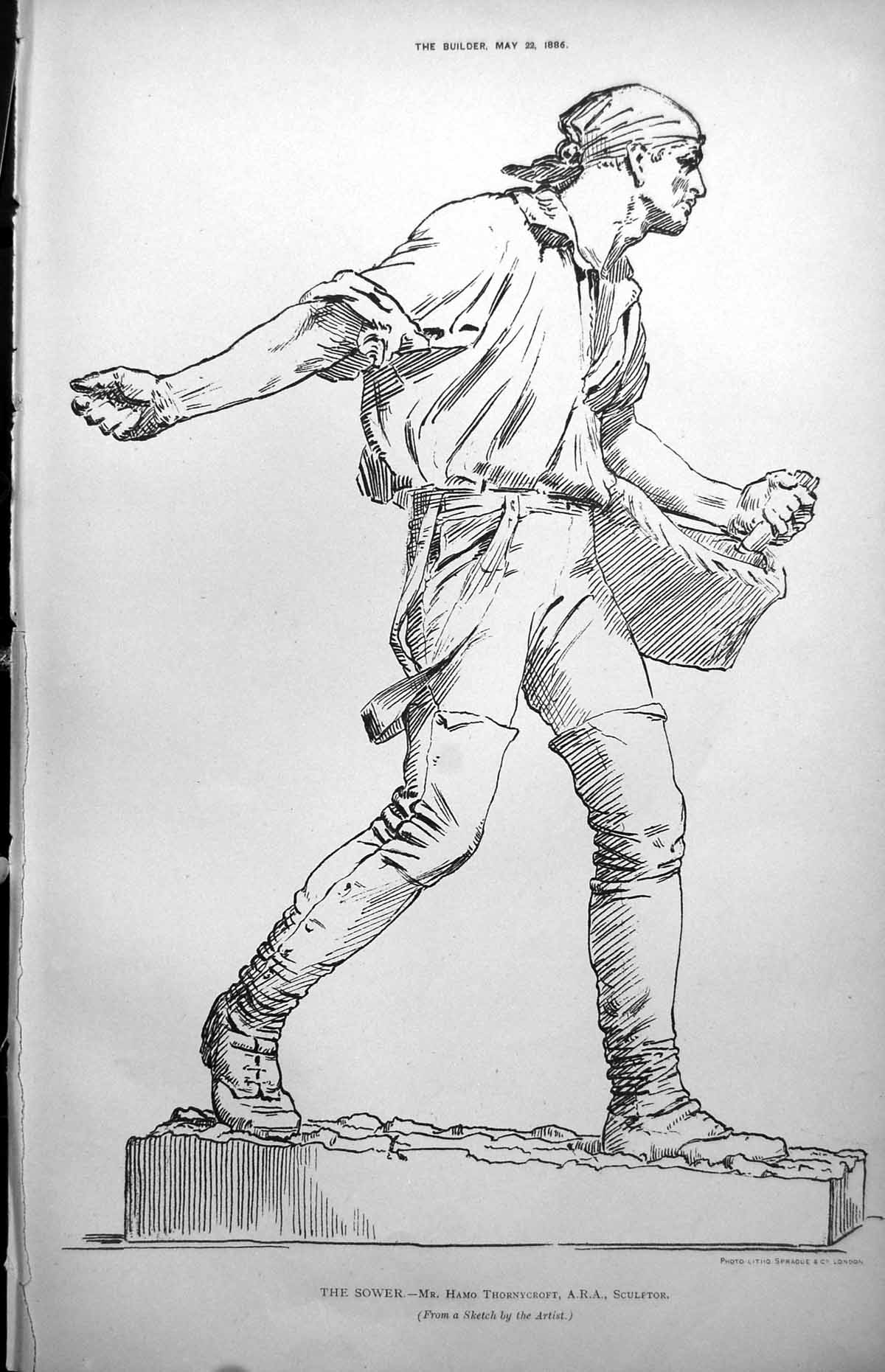 Antique Print Sower Hamo Thornycroft Sculptor Man Basket Sowing Corn 1886 19th